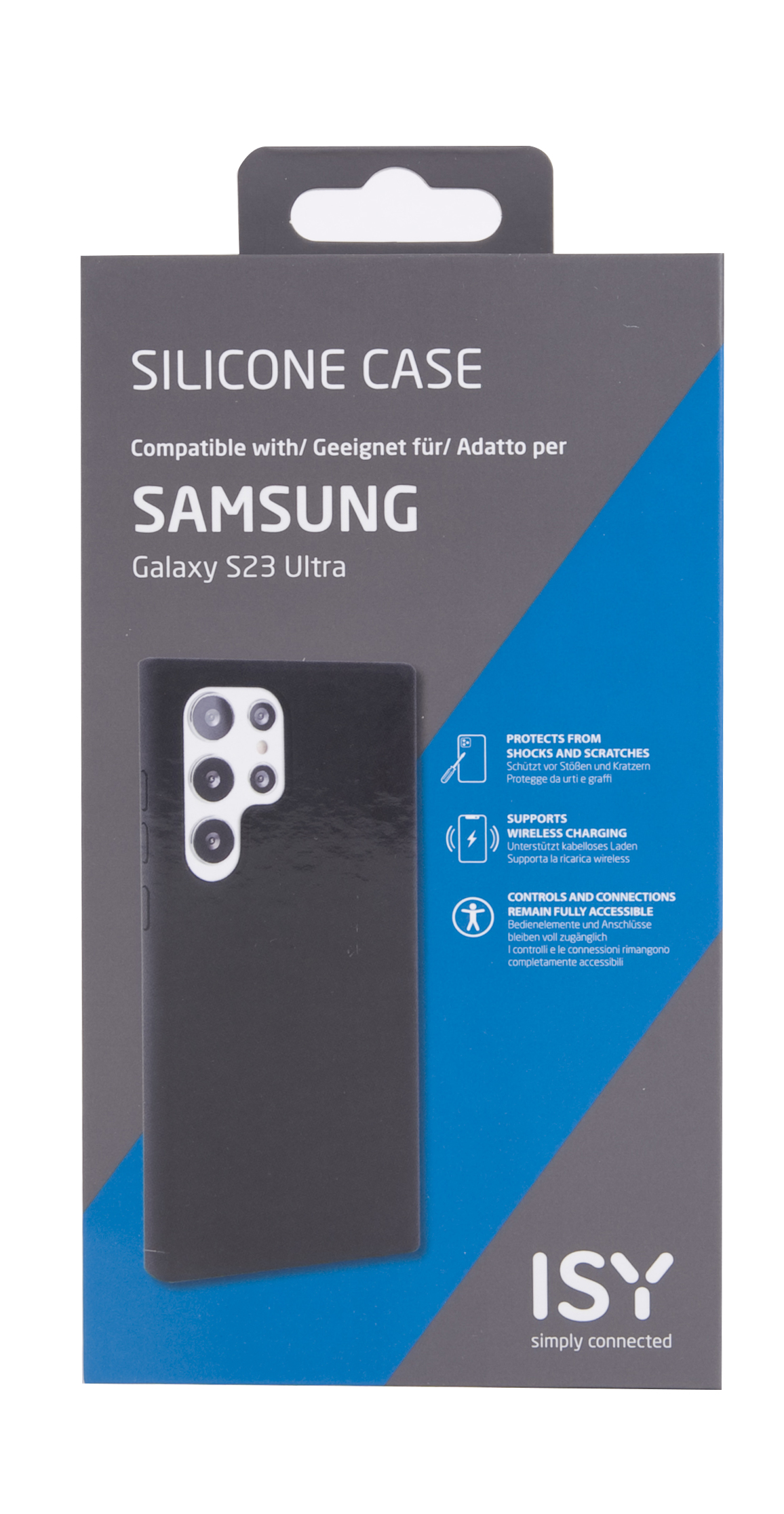 Funda negra para teléfono en una caja. La funda es visible. Negro con recortes para cámara. Fondo gris.