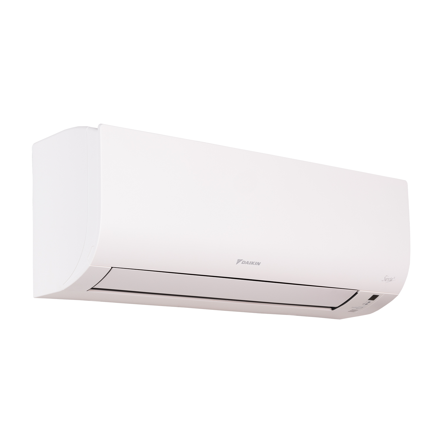 Condizionatore bianco, montato a parete. Design pulito con logo Daikin.
