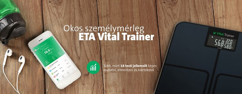 Egy okosmérleg, amellyel egy telefon súlyadatokat jelenít meg. Magyar nyelvű szöveg és egyéb elemek.