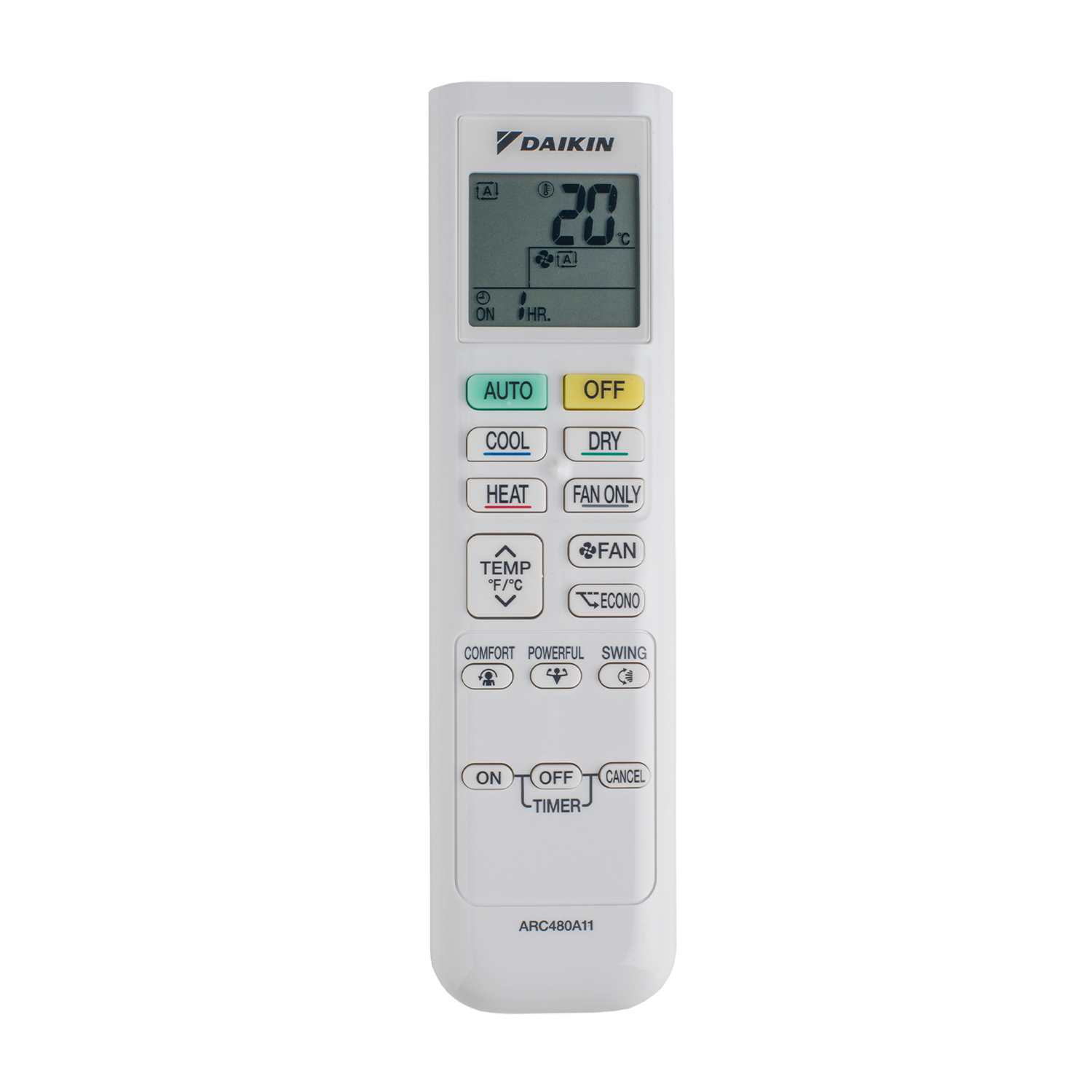 Telecomando bianco per condizionatore Daikin con diversi pulsanti e display digitale.