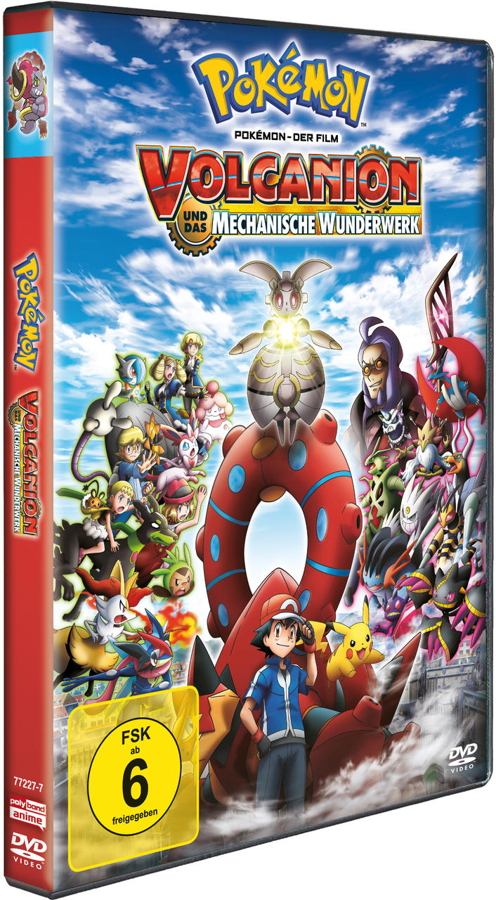 DVD-Hülle für den Film Pokémon: Volcanion und das mechanische Wunderwerk, mit verschiedenen Charakteren.