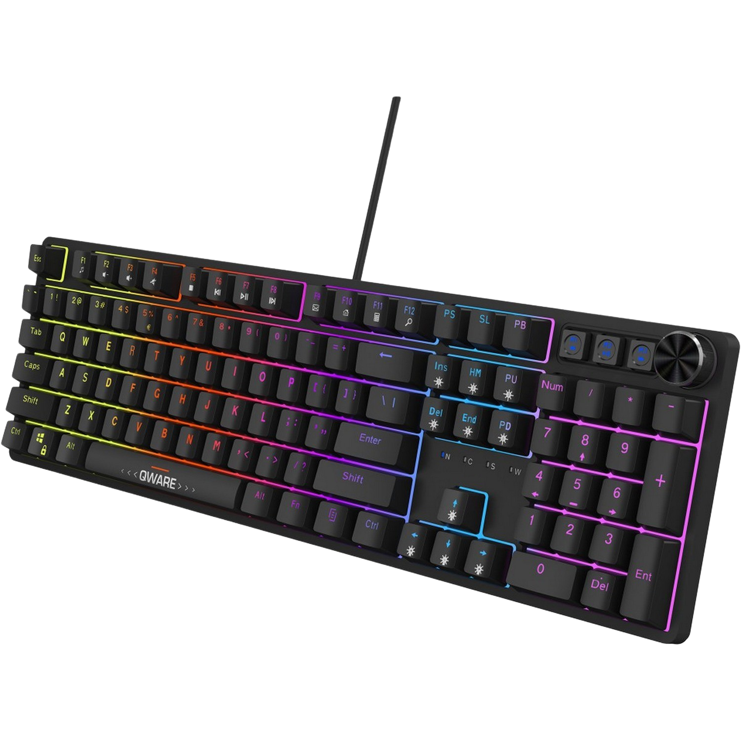 Black gaming keyboard with multicolored keys, illuminated, and a volume control wheel.