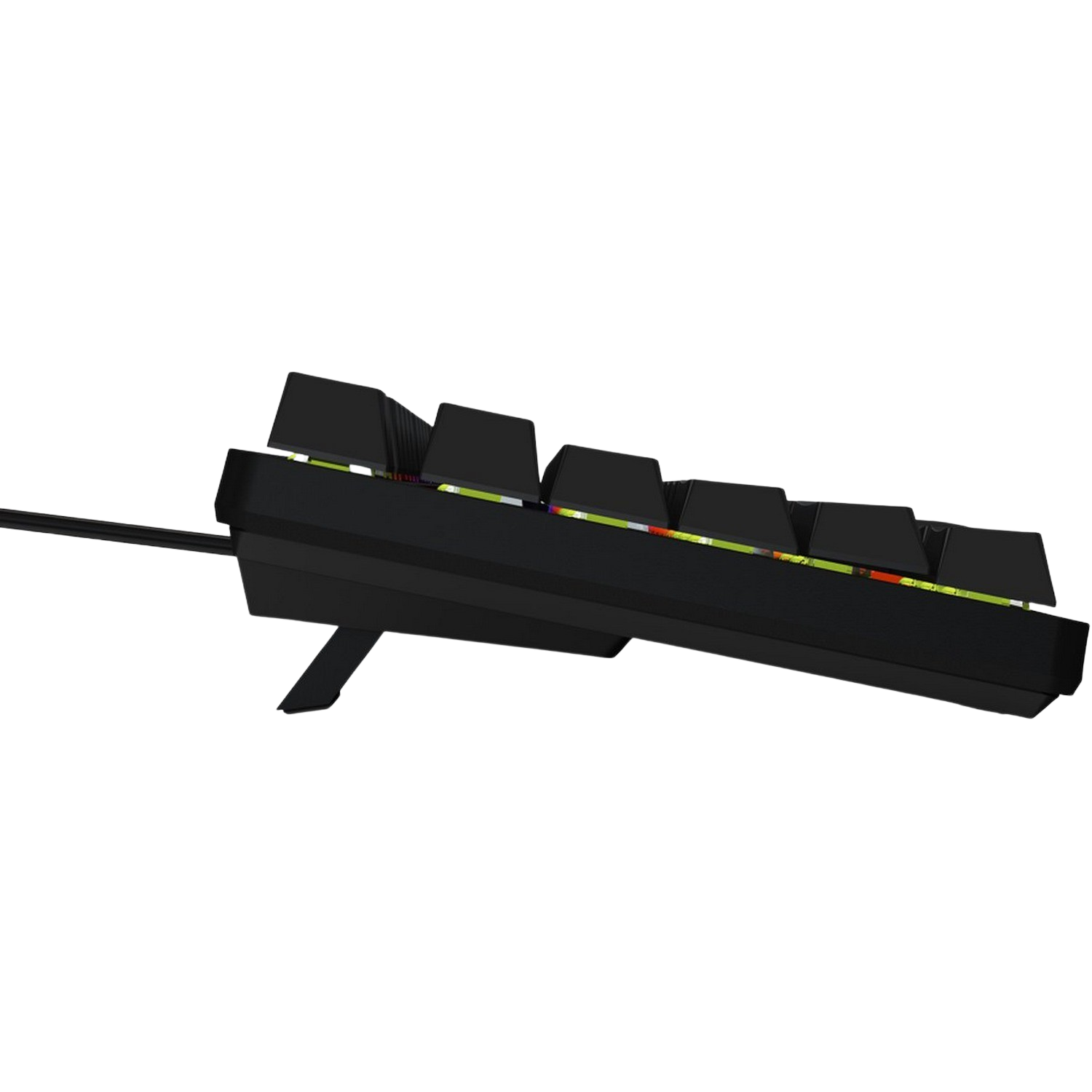 Black mechanical keyboard, angled view, with visible keycaps and cable, on a black background.