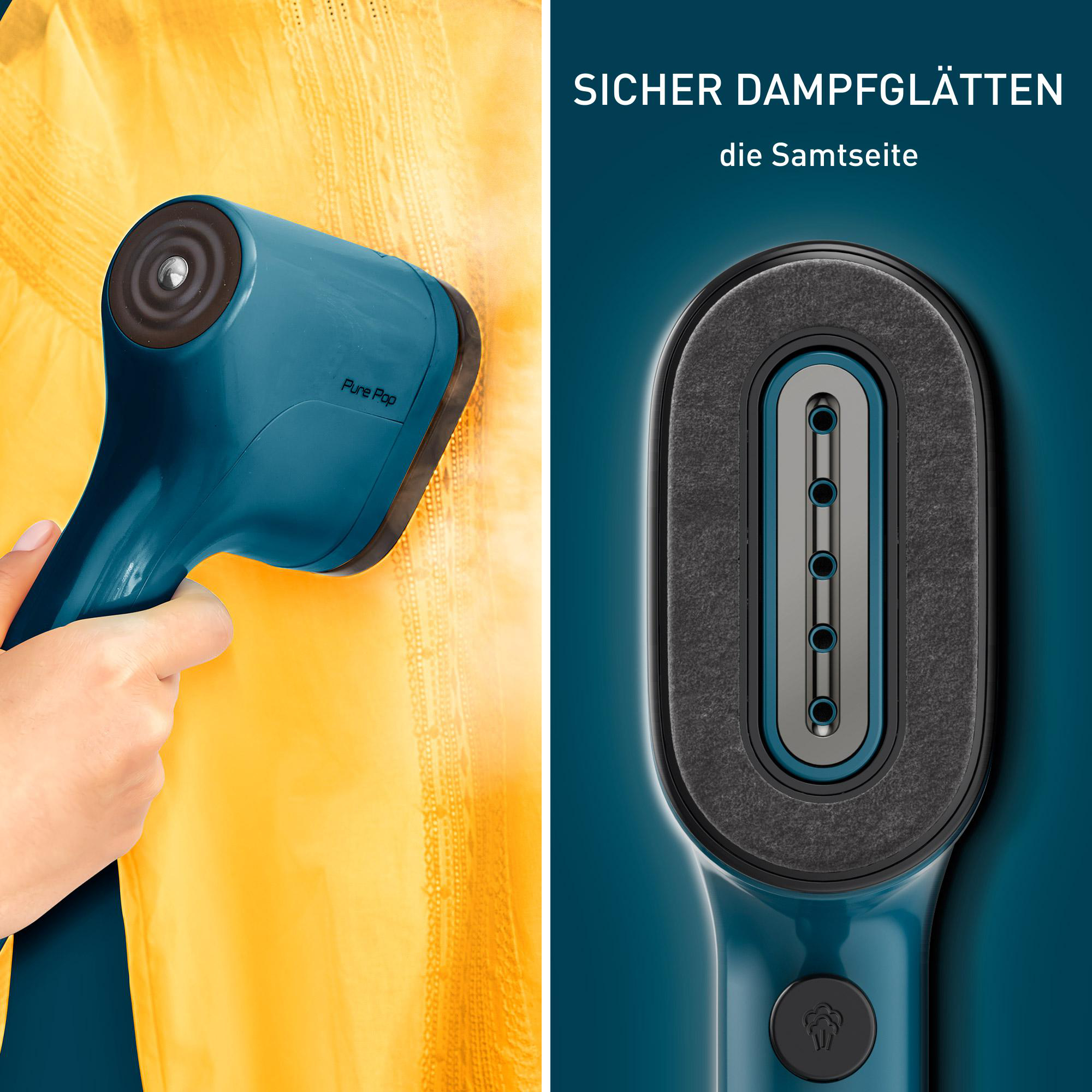 Ein türkisfarbener Handdampfer mit einer Hand, die ihn hält und ein gelbes Hemd bedampft. Nahaufnahme des Dampferkopfes.