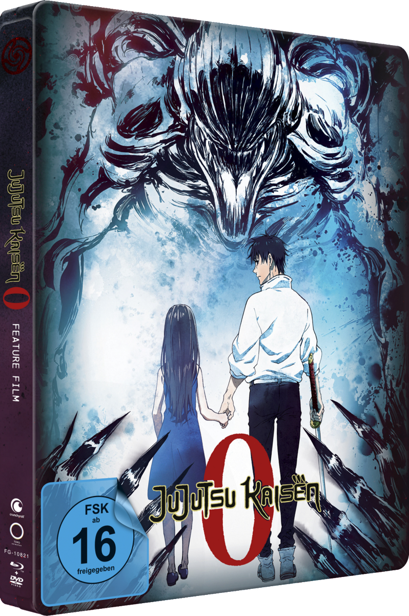 Jujutsu Kaisen 0 Filmcover mit einem Paar vor einem Monster und einer DVD-Hülle.