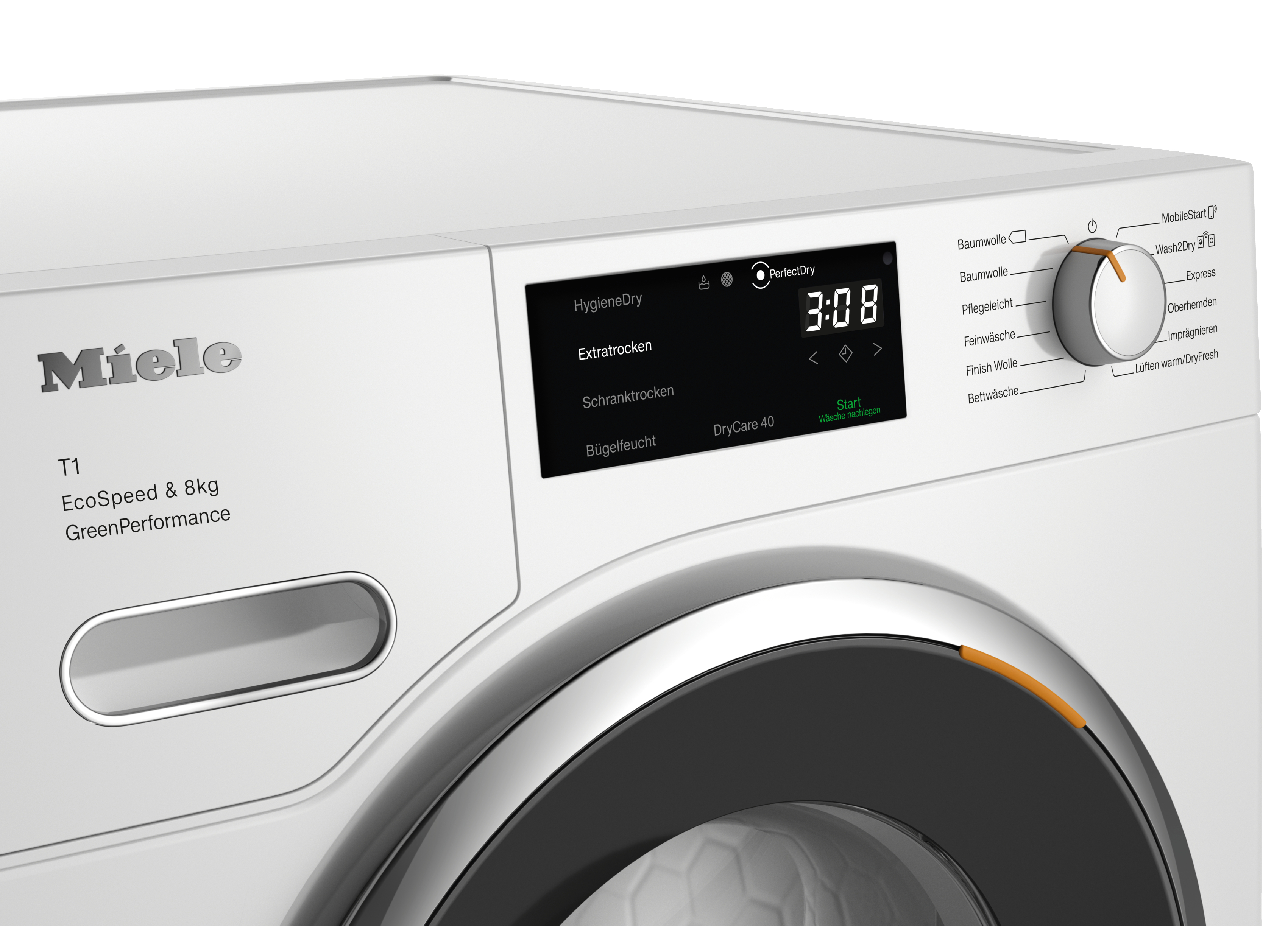 Ein Bedienfeld einer Miele Waschmaschine. Es zeigt Einstellungen, einen Timer und einen Drehregler. Die Zeit ist 3:08. Es hat weiße und graue Farben.