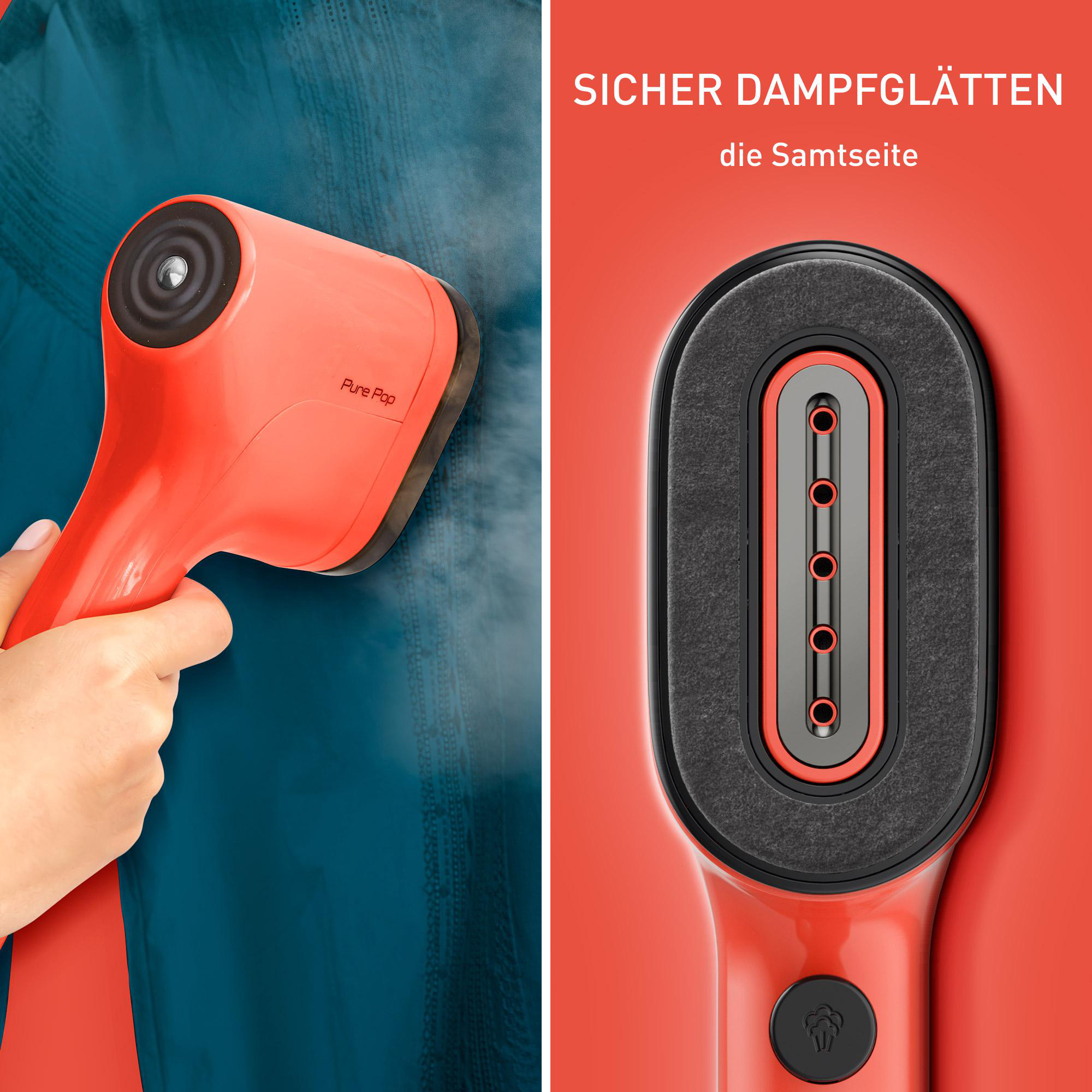 Roter Kleidungsdampfer und seine Düsendetails. Roter und blauer Hintergrund. Der Text ist vorhanden.