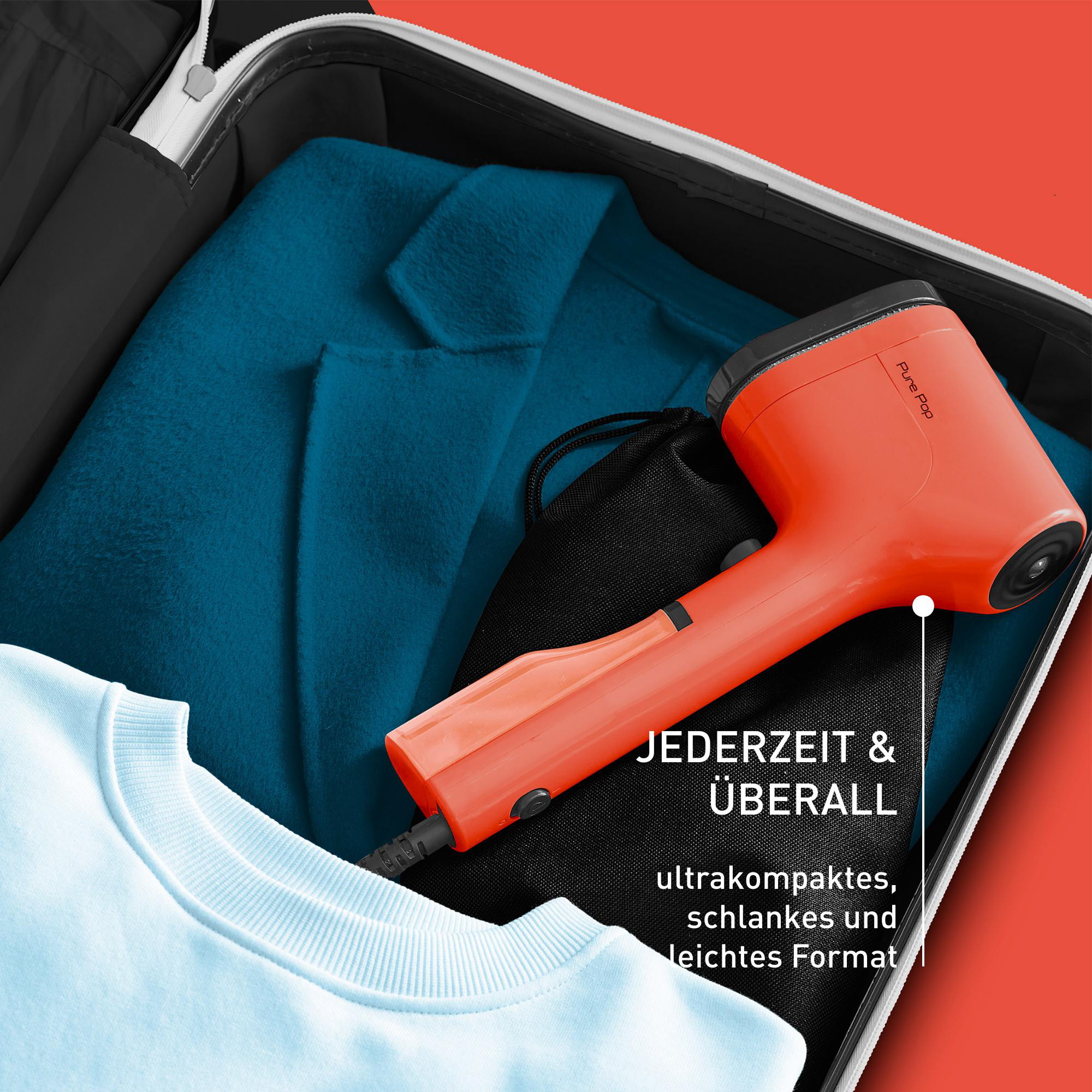 Orangener Reise-Dampfglätter in offenem Koffer mit Kleidung und deutschem Text.