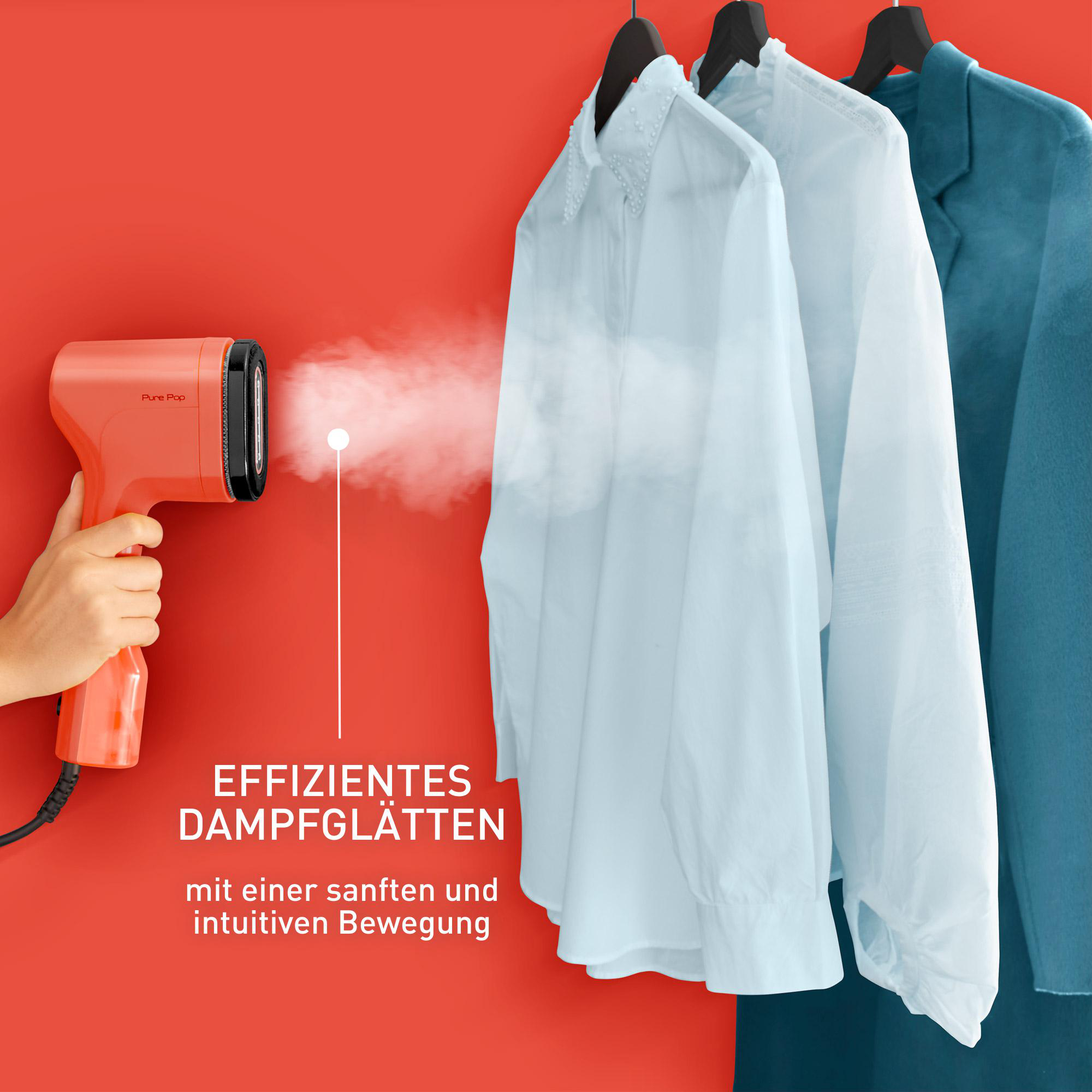 Oranger Dampfglätter mit Dampf, Hemden hängen. Text: Effizientes Dampfbügeln.