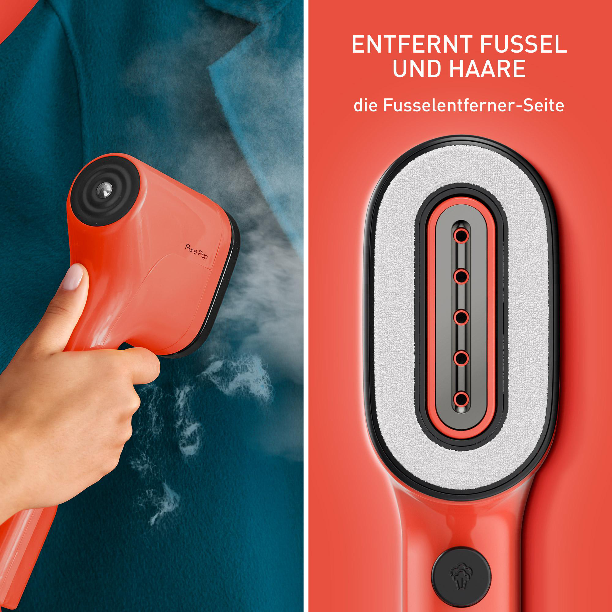 Oranger Handdampfer, blauen Mantel dampfend. Detail zeigt den Dampfkopf.