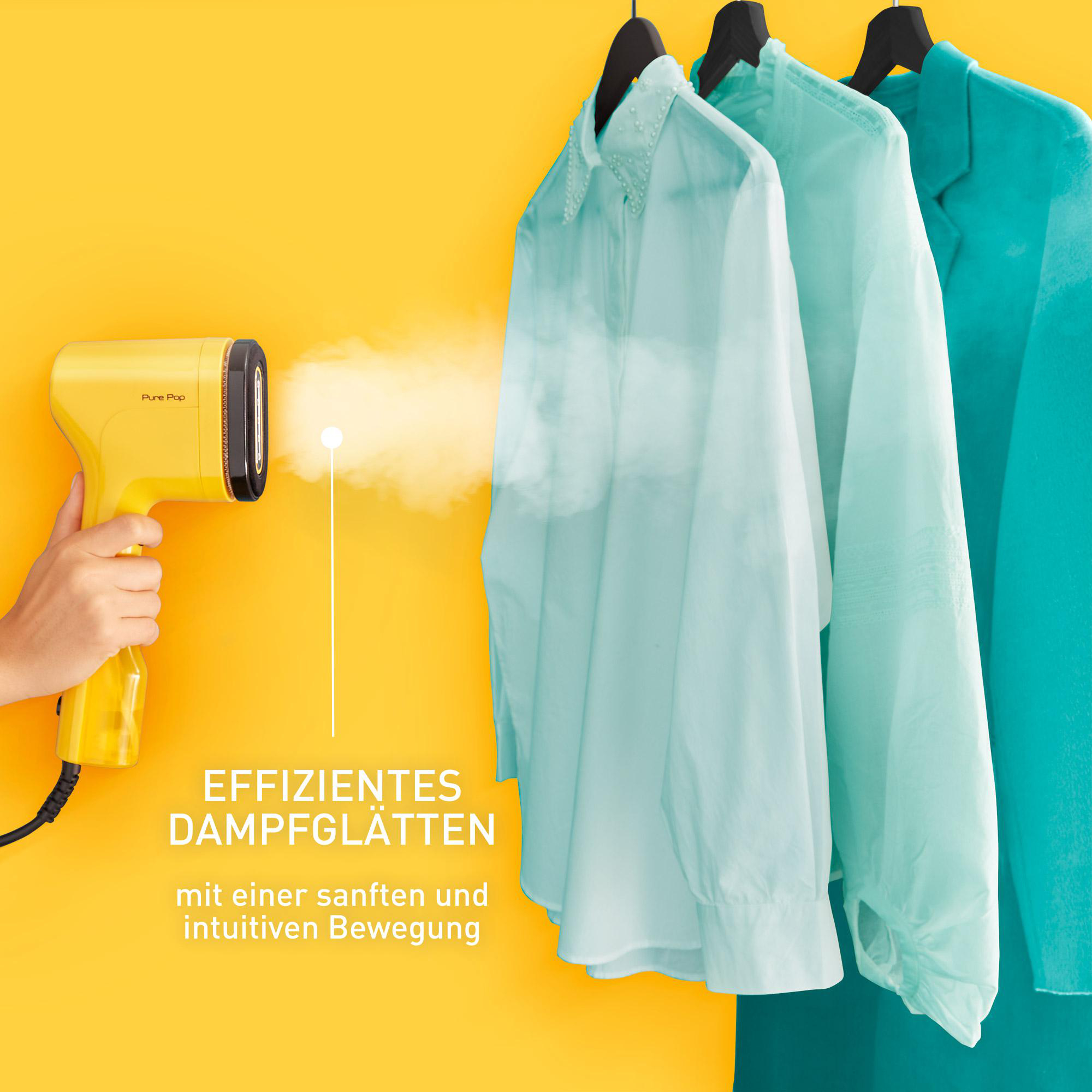 Ein handgehaltener gelber Dampfer dämpft drei Hemden auf gelbem Hintergrund. Text auf Deutsch.
