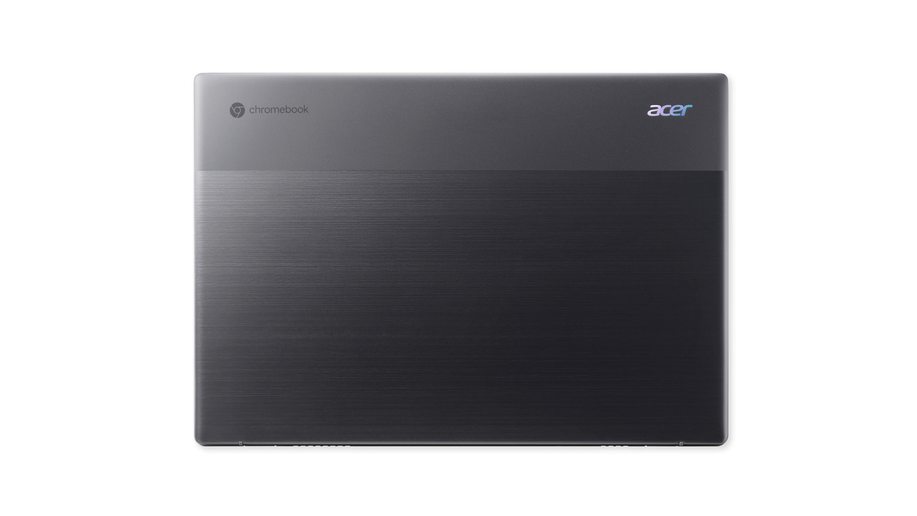 Geschlossener Laptop, Draufsicht, mit dunkelgrauem Gehäuse und Acer-Logo.
