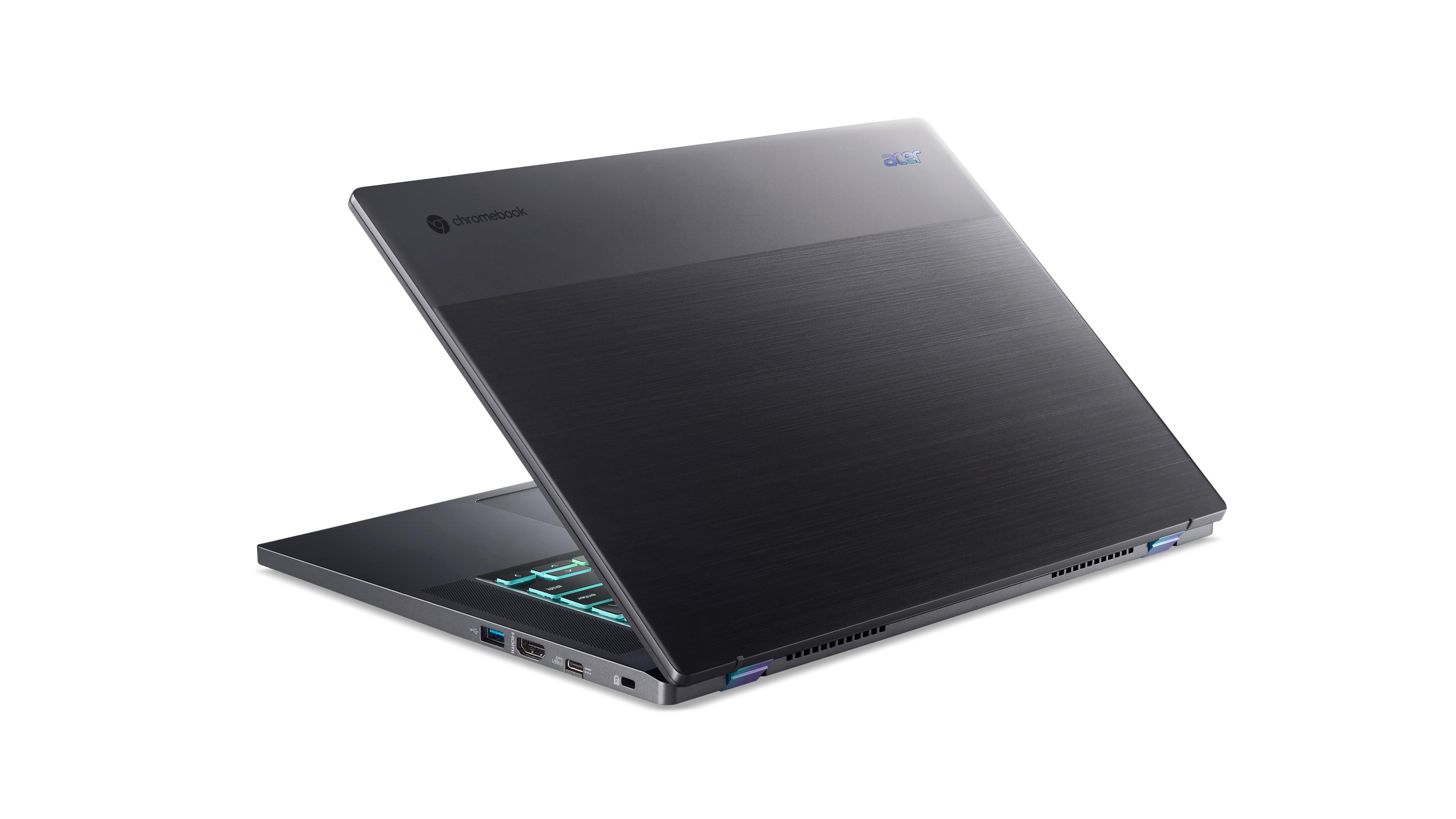 Ein schwarzer Laptop mit dem Acer-Logo und dem Wort "Chromebook" auf dem Deckel, weißer Hintergrund.