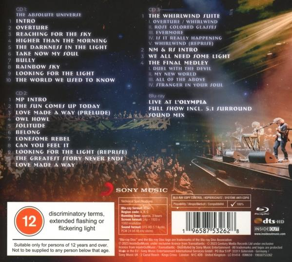 Pochette de CD avec liste des titres, texte et photo de musiciens sur scène. Le fond est bleu.