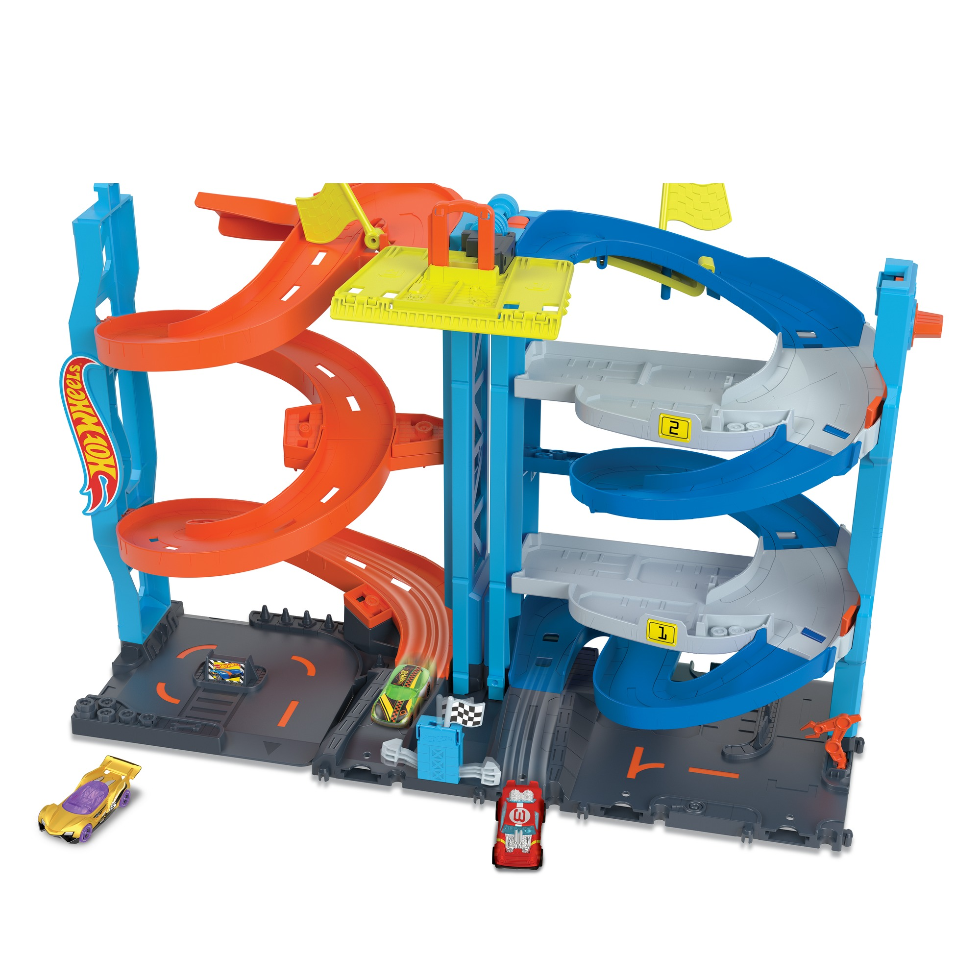 Ein Hot Wheels Spielzeugset mit orangefarbener Spirale, blauen Rampen und Spielzeugautos. Gelbe Flaggen und Ebenenmarkierungen sind sichtbar.