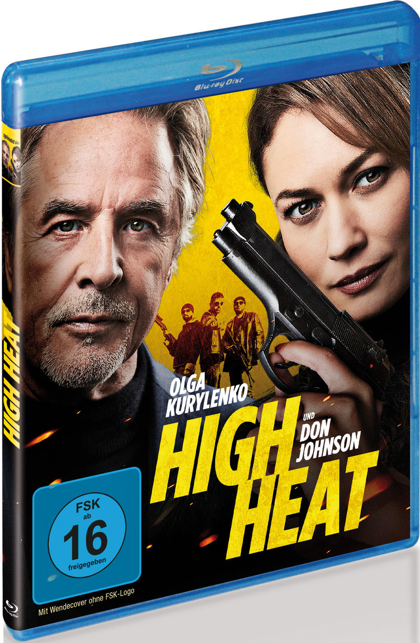 Film-Blu-ray-Cover: Mann mit Waffe und Frau, Titel 'High Heat', Bewertung '16'.
