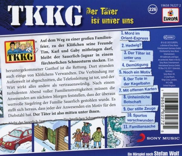 Buchcover mit Text und Comicfiguren. Text: TKKG. Im Hintergrund ein rotes Auto und eine verschneite Landschaft.