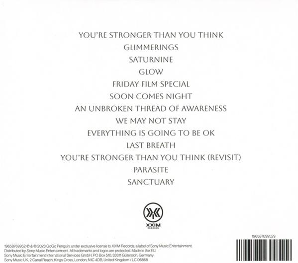 Albumcover mit weißem Hintergrund und schwarzem Text. Listet Songtitel wie 'You're Stronger' auf.
