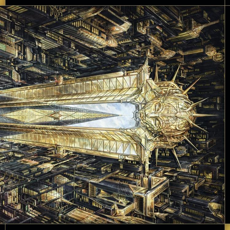 Goldene futuristische Stadtillustration mit detaillierten Gebäuden und Flugobjekten. Dunkler Hintergrund.