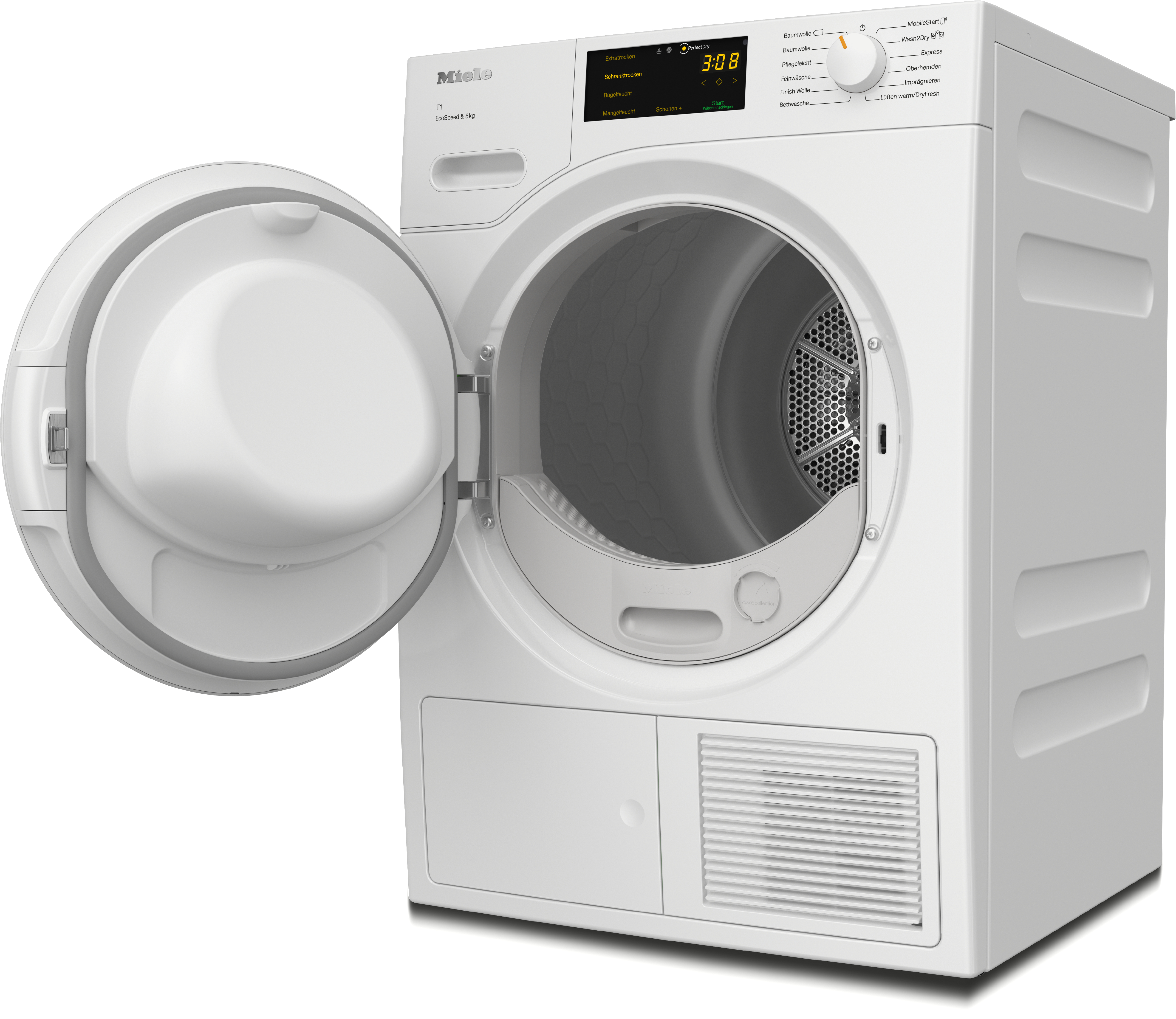 Ein weißer Miele-Trockner mit offener Tür. Ein Digitaldisplay zeigt die Zeit an. Die Innentrommel ist sichtbar.