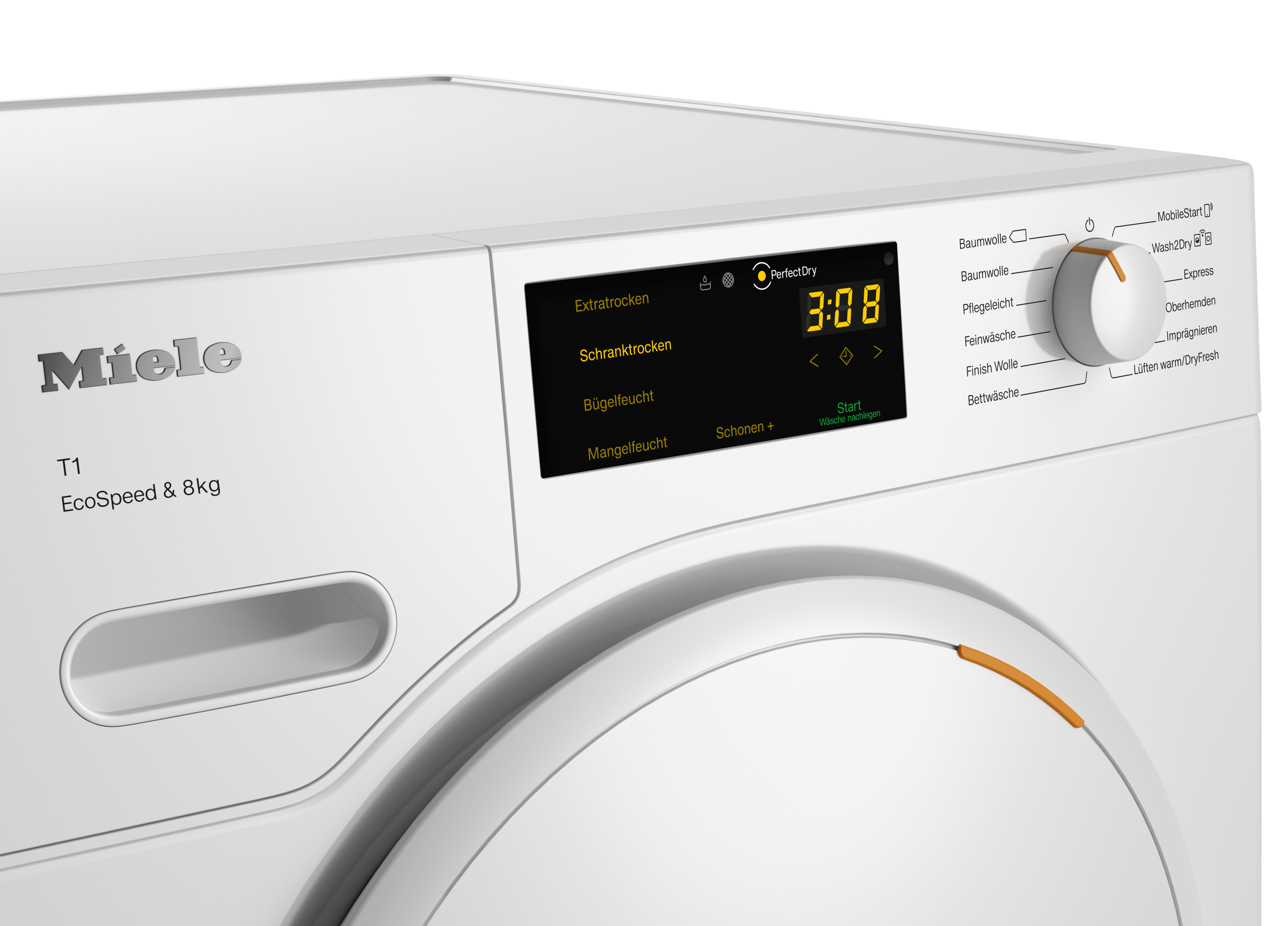 Weißer Miele T1 Trockner. Er hat eine Digitalanzeige mit 3:08. Hat einen Drehknopf und verschiedene Programmoptionen.