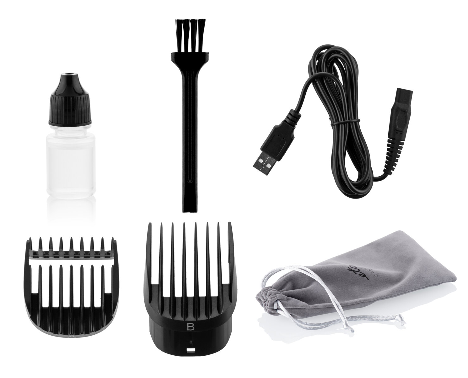 Hajvágó kiegészítők: olajos üveg, tisztítókefe, USB kábel és tároló tasak.
