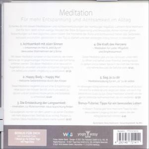 Rückseite einer CD-Hülle mit Text über Meditation. Enthält Informationen und einen Barcode.