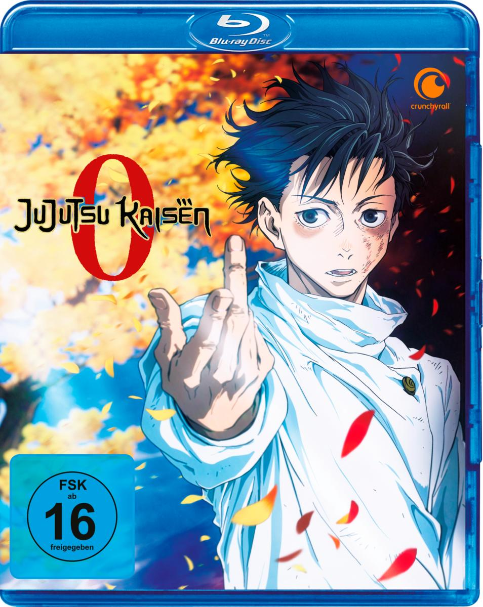 Anime-Cover: Männlicher Charakter, Titel "Jujutsu Kaisen 0" auf einer blauen Blu-ray-Hülle.