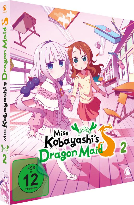 Anime-DVD-Cover: zwei Mädchen in einer Schulumgebung. Titel „Miss Kobayashis Dragon Maid“ ist prominent.