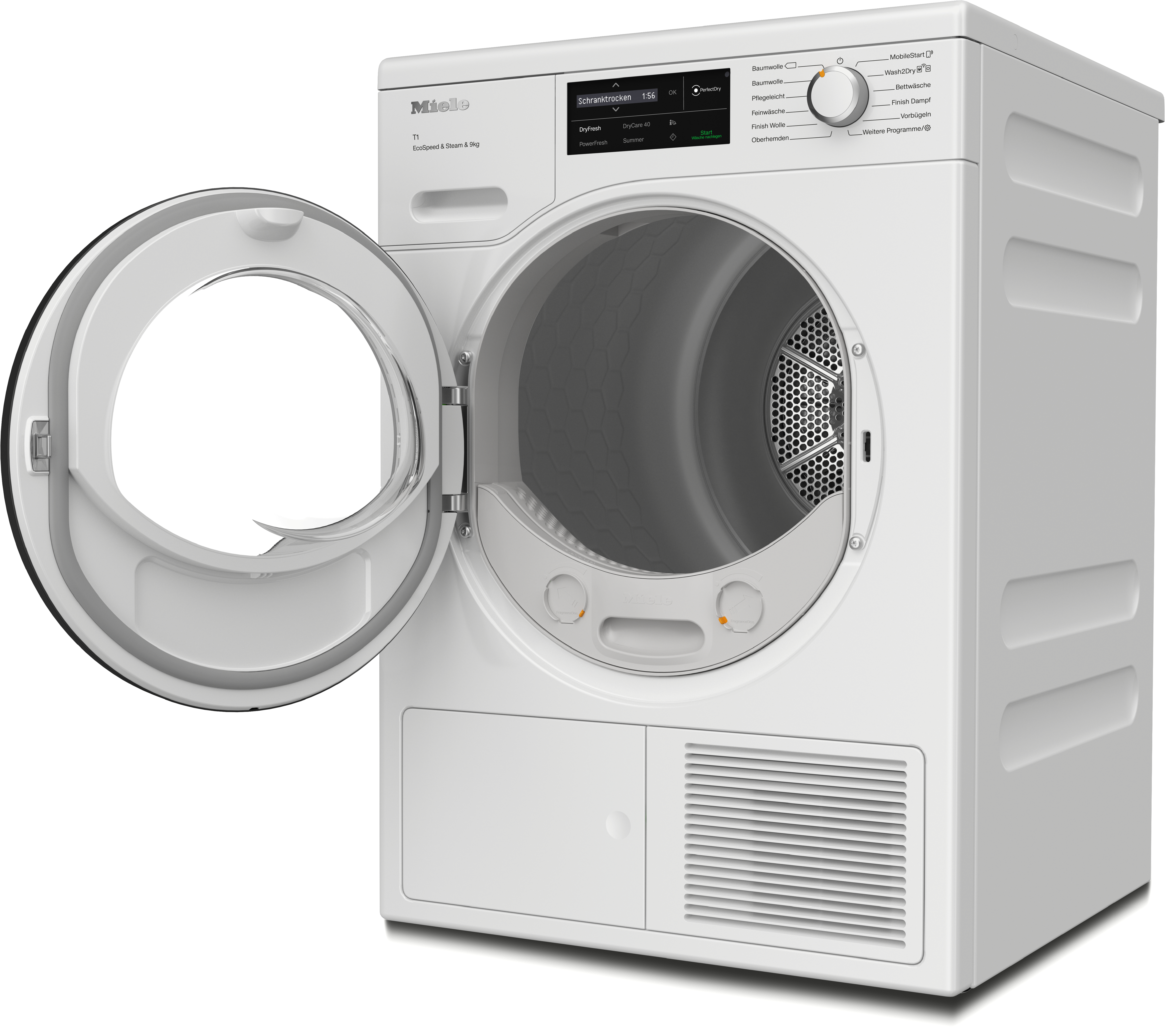 Weiße Waschmaschine mit offener Tür. Der Innenraum zeigt die Trommel. Sie steht vor weißem Hintergrund.