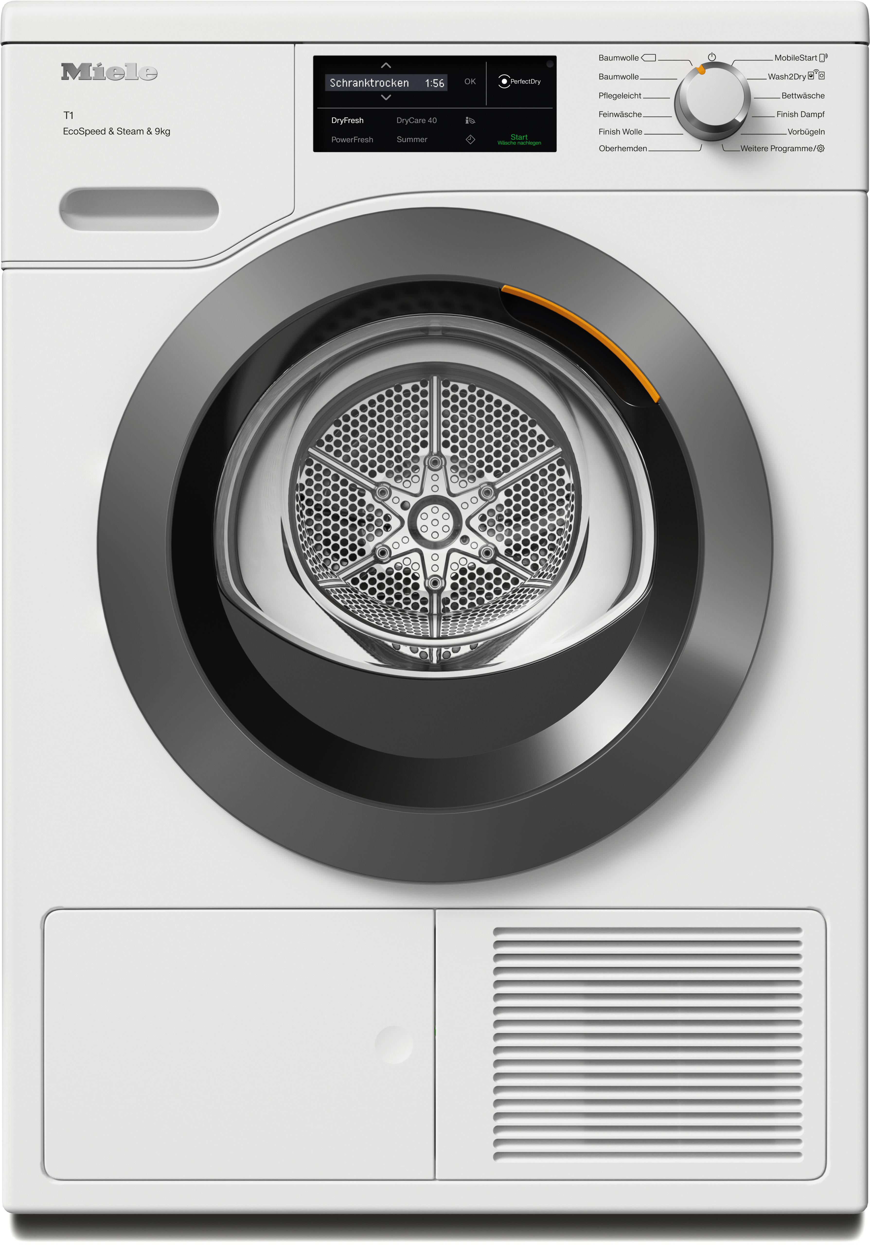 Ein weißer Miele T1 Trockner. Die Vorderseite hat einen dunkelgrauen Kreis und ein digitales Display.