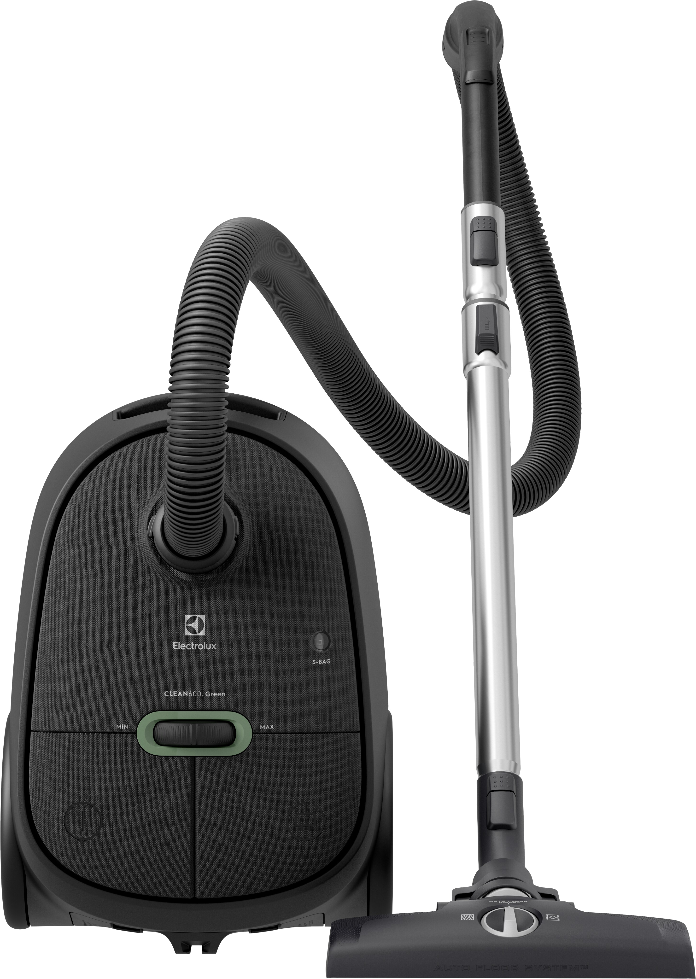 Schwarzer Electrolux-Staubsauger mit Schlauch, Griff und grünem Knopf.