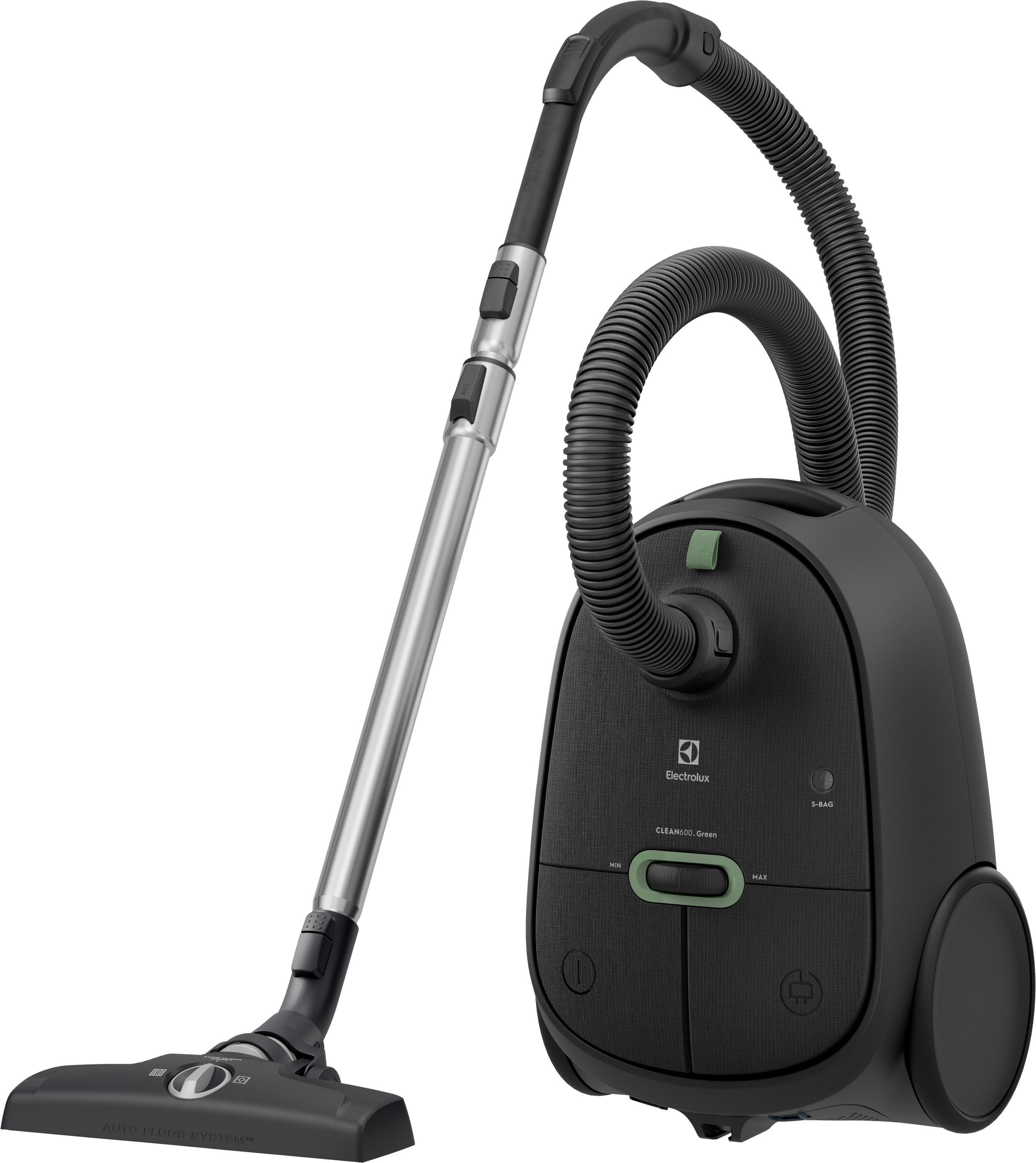 Schwarzer Electrolux Staubsauger mit silbernem Griff, Schlauch und Reinigungskopf auf weißem Hintergrund.