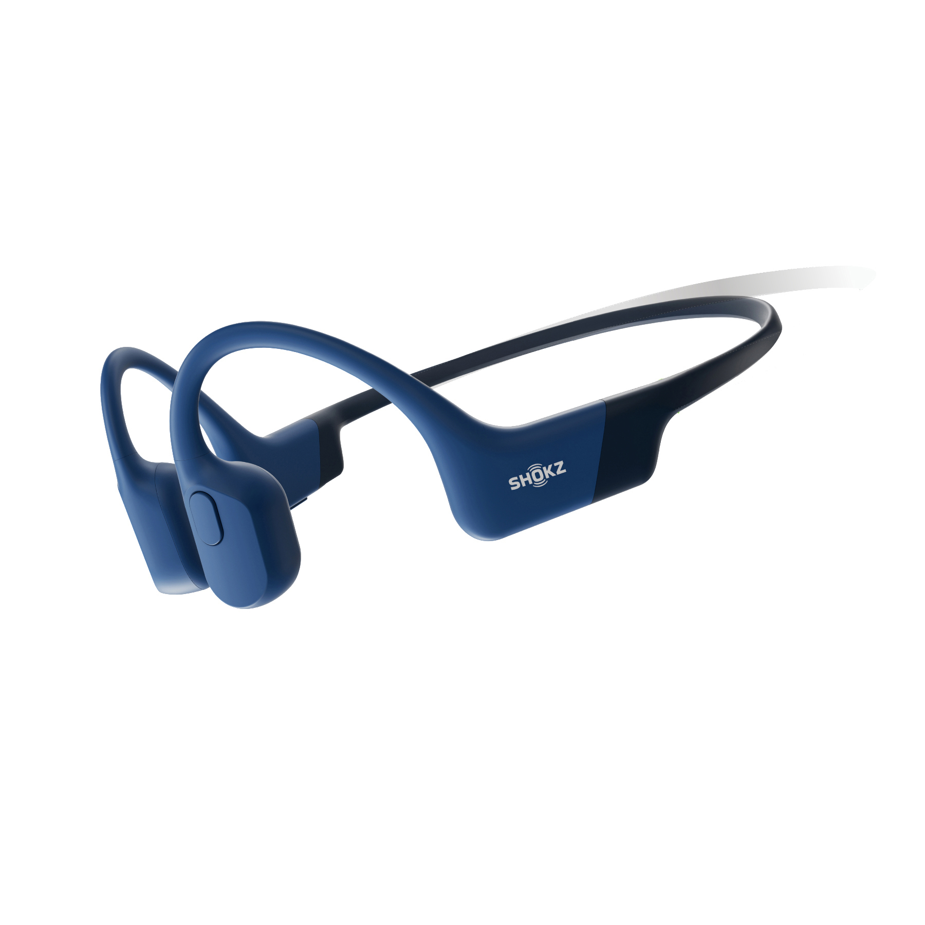 Blaue Shokz-Knochenschallkopfhörer. Sie haben ein gebogenes Design, das sich um die Ohren legt, mit dem Logo auf der Seite.