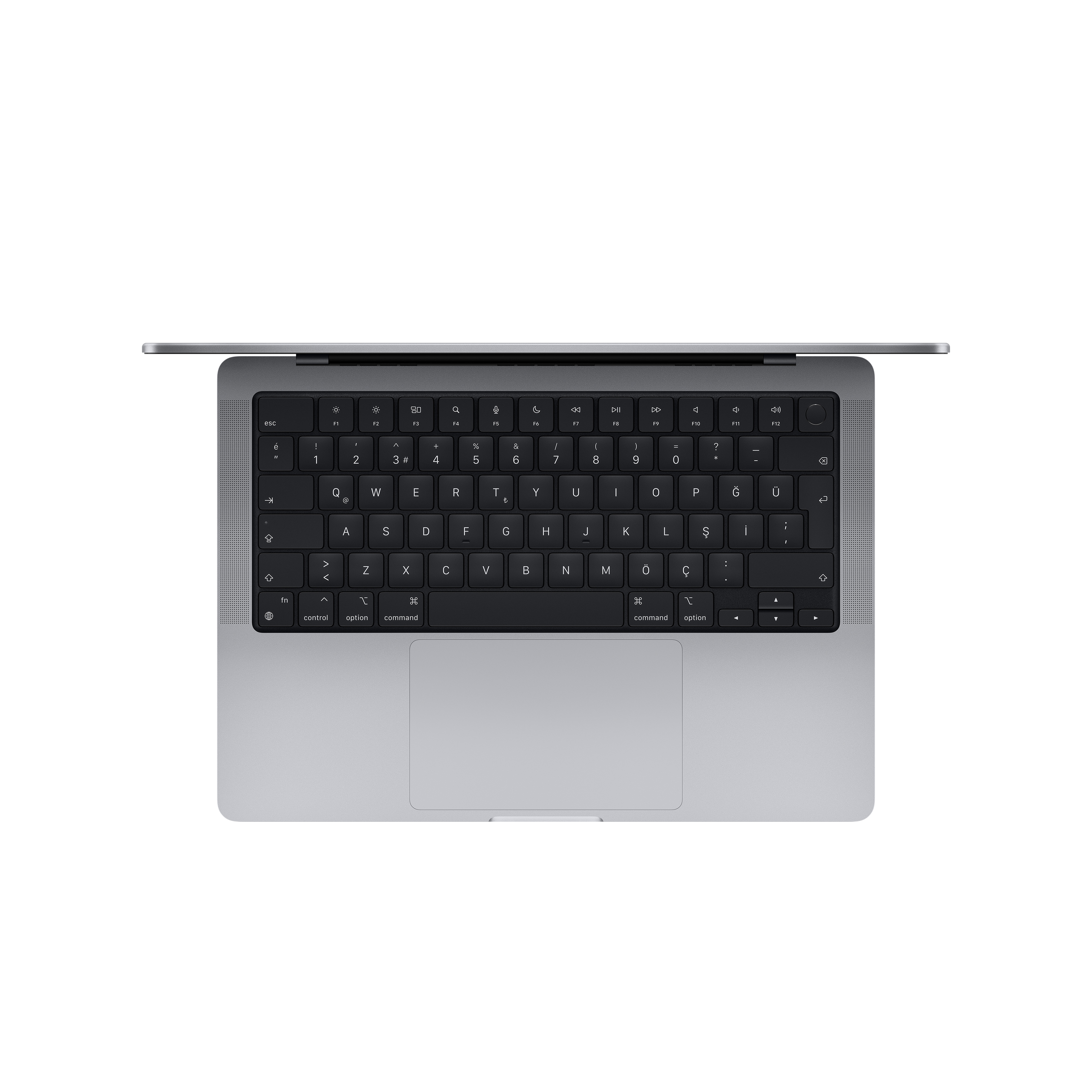 Gümüş bir Macbook klavyesinin yukarıdan görünümü. Dizüstü bilgisayar beyaz bir yüzeyde.