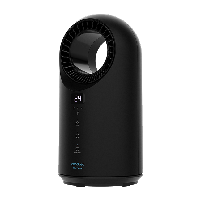 Un ventilador negro y moderno con pantalla digital que muestra '24'. Tiene una parte superior redondeada con rejillas de ventilación y botones.