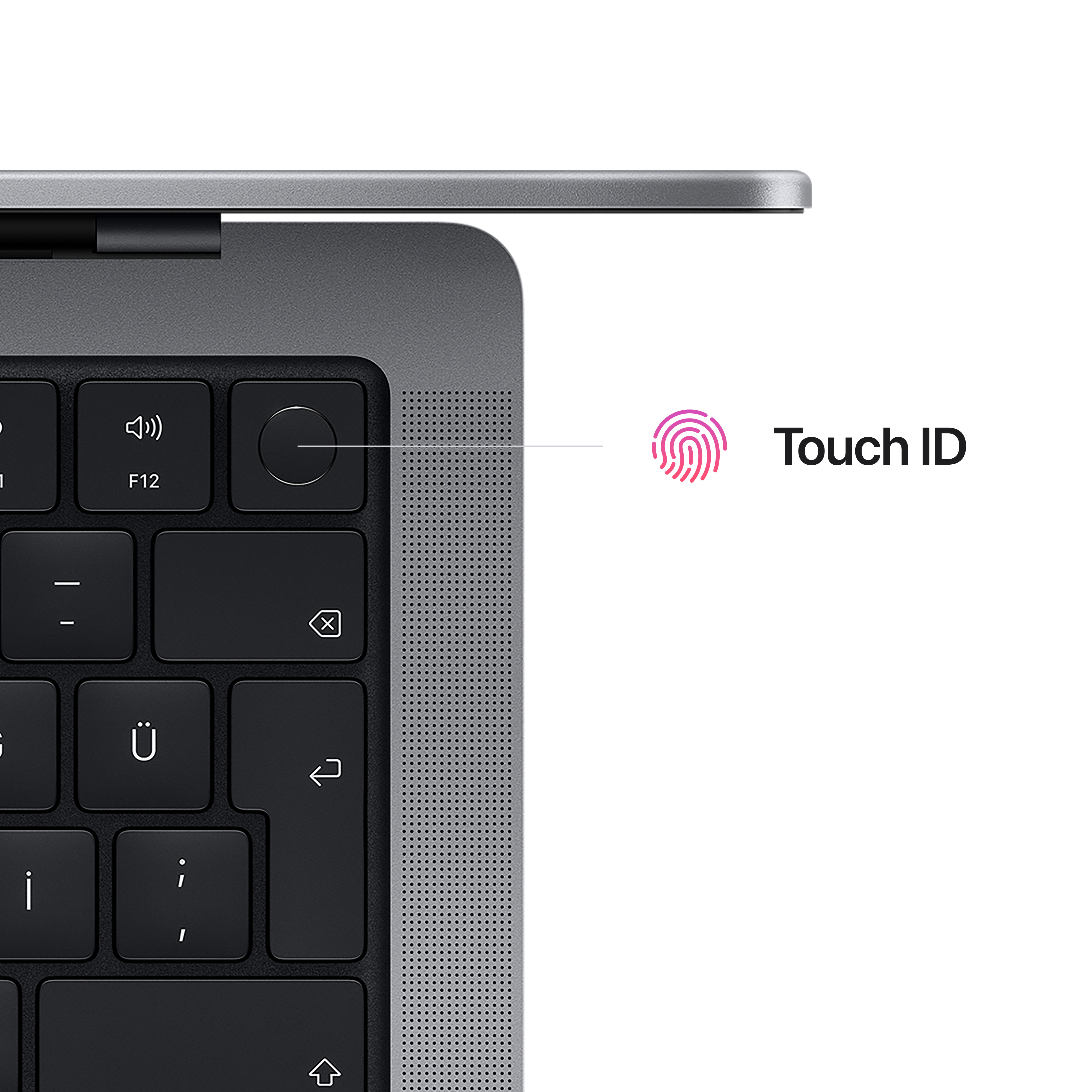 Dizüstü köşesi. Touch ID düğmesi ve klavye görünür. Metin: Touch ID.