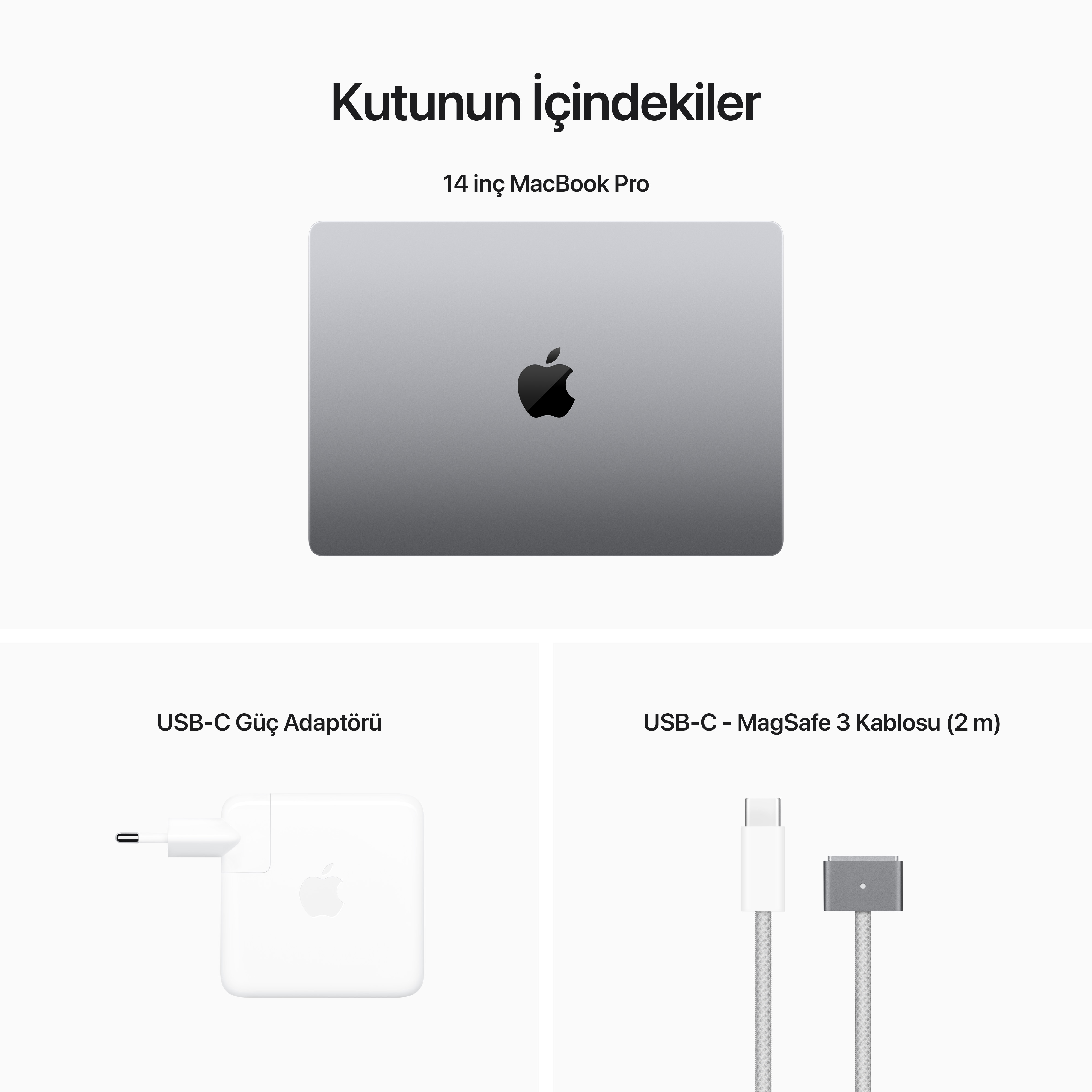 Beyaz bir arka plan üzerinde bir MacBook Pro, bir güç adaptörü ve bir USB-C MagSafe kablosunu gösteren bir görüntü.