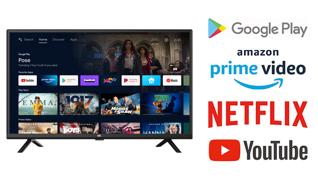 TV DLED 32" - OK ODL 32950HC-TAB, HD-ready,  Android TV, Netflix, Google Play, YouTube, Negro