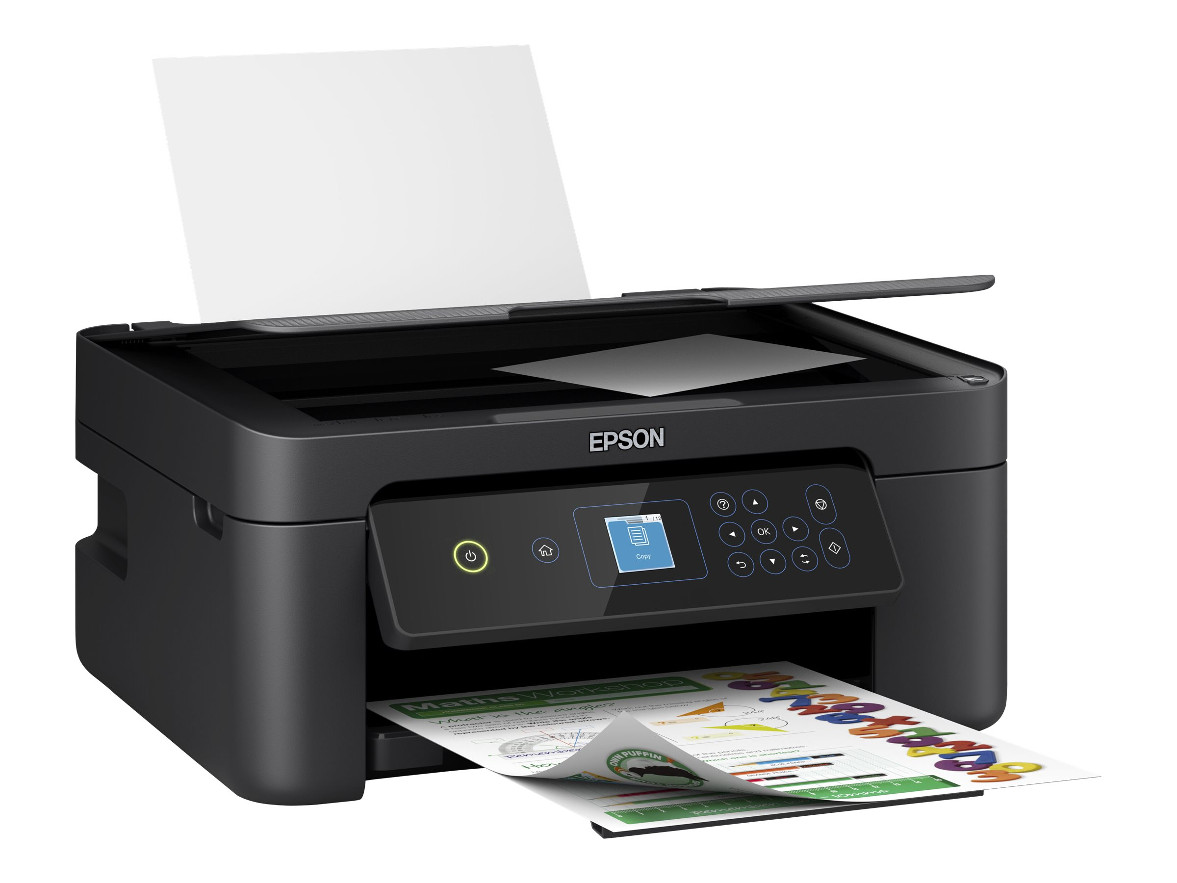 Schwarzer Epson-Drucker mit offenem Deckel und Papierausgabe. Ein gedrucktes Mathe-Arbeitsblatt liegt im Ausgabefach.