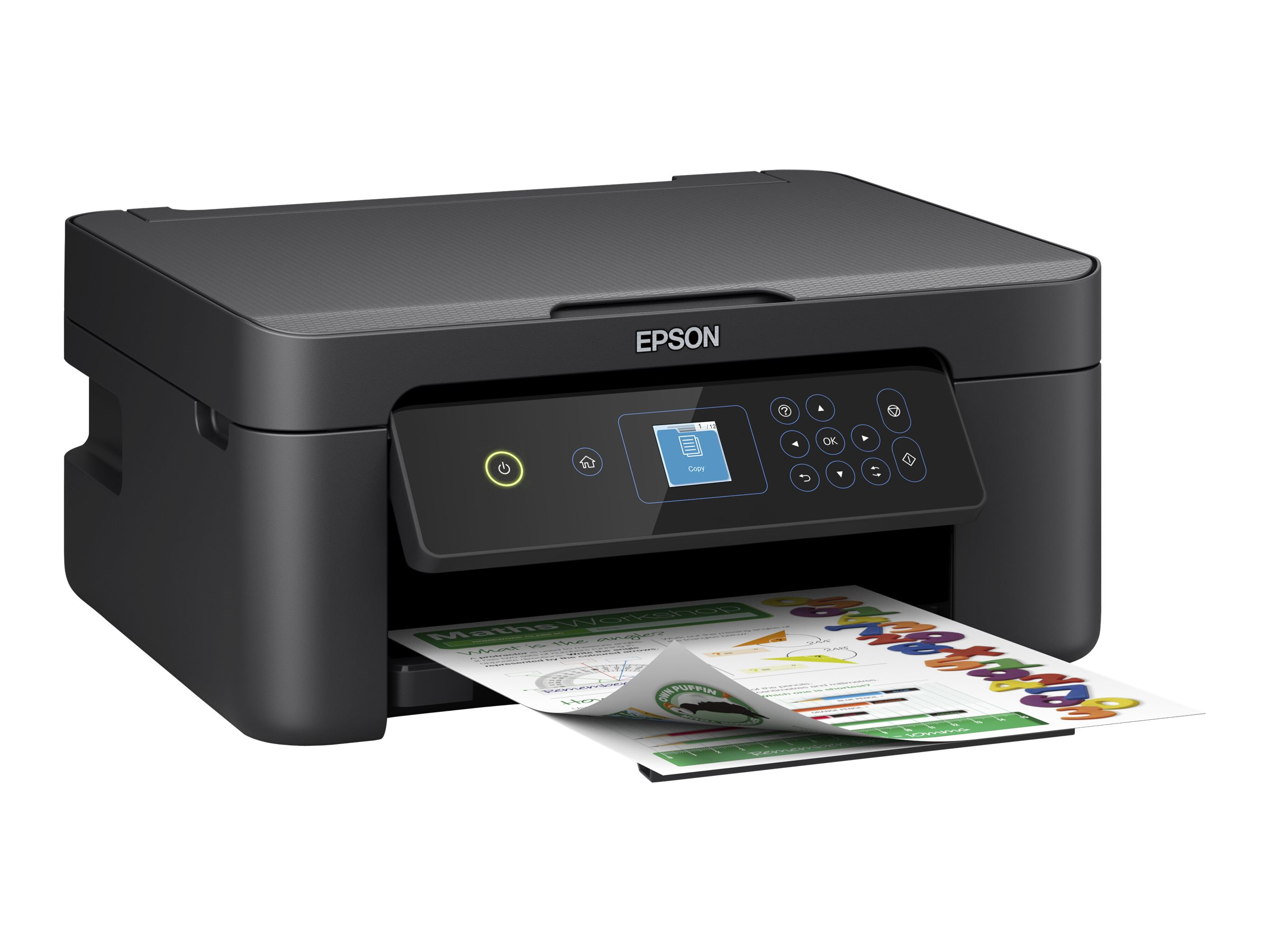 Ein schwarzer Epson-Drucker druckt ein farbenfrohes Mathe-Arbeitsblatt. Der Drucker hat einen kleinen Bildschirm und mehrere Tasten.