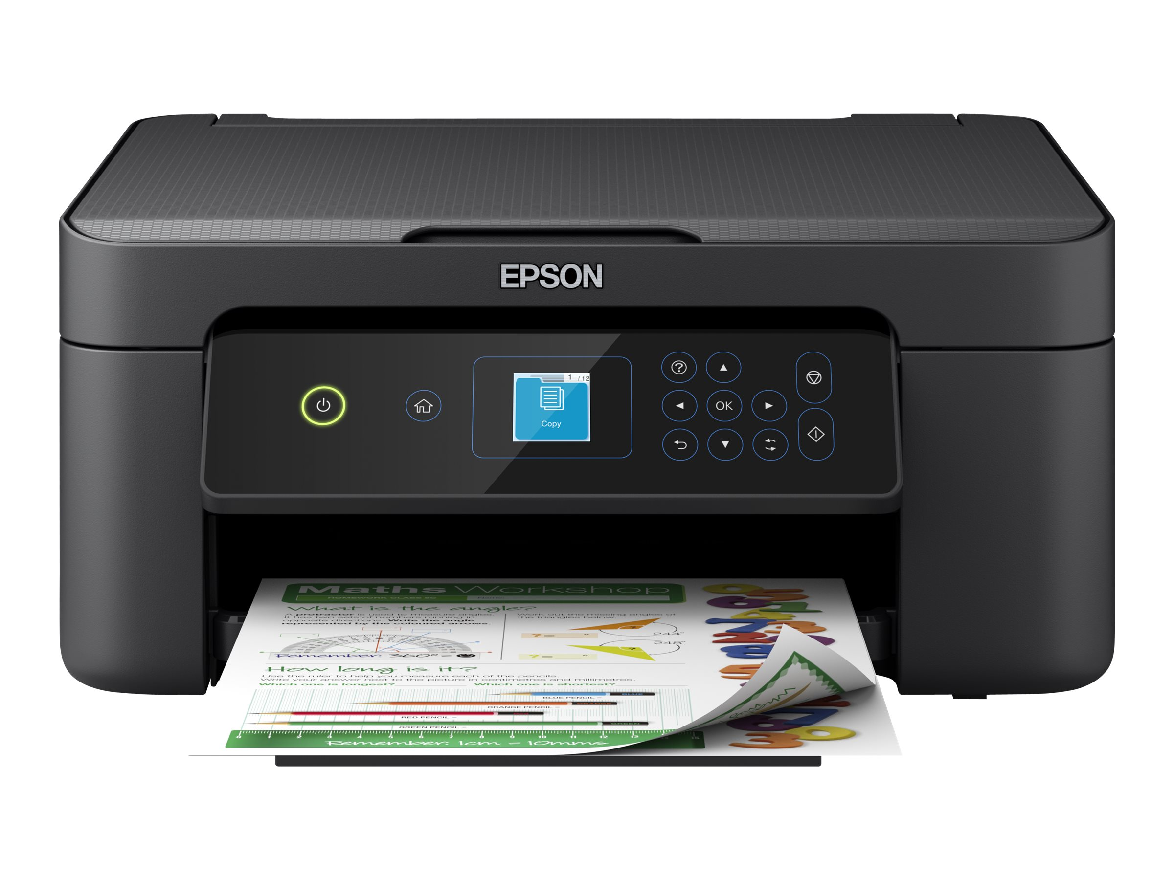 Ein schwarzer Epson-Drucker mit einem Papier mit einem Mathe-Arbeitsblatt. Der Drucker hat einen Bildschirm und Knöpfe.