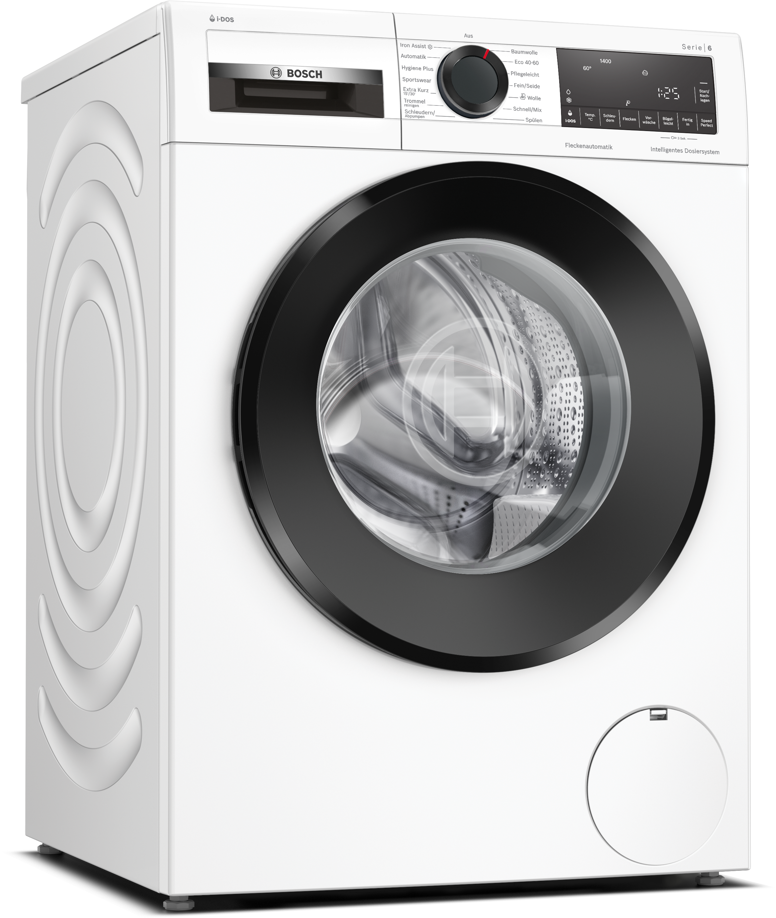Weiße Bosch Waschmaschine, schwarze Tür und Bedienfeld mit sichtbarem Display und Knöpfen.