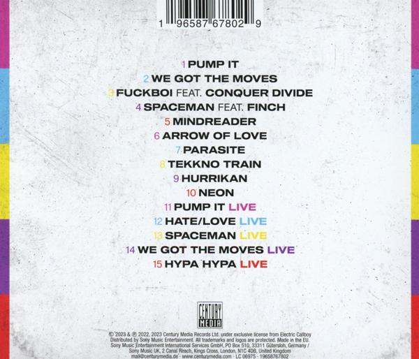 Rückseite einer CD mit Titelliste und Barcode. Bunte Streifen an den Rändern.