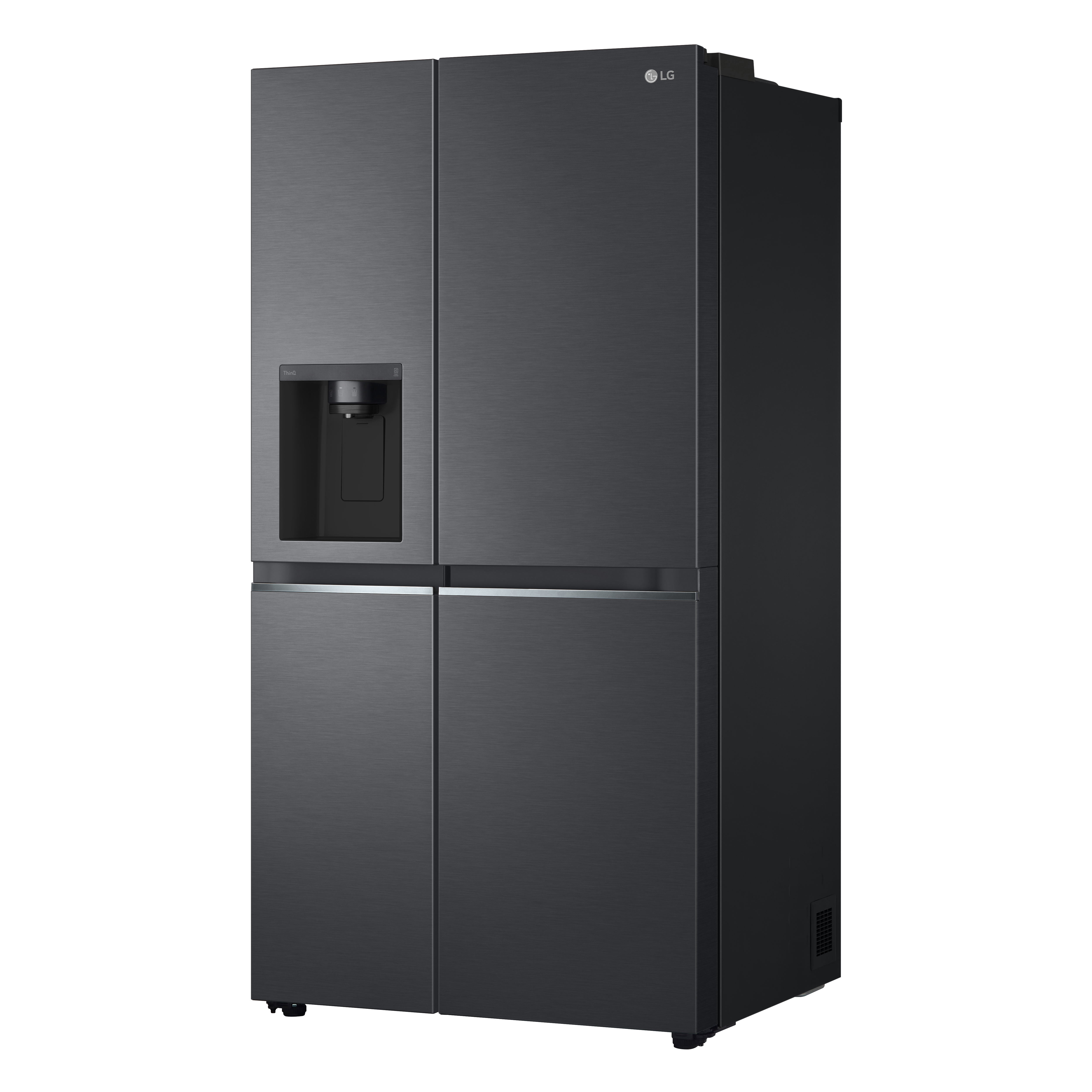 Schwarzer LG Side-by-Side-Kühlschrank. Spender an der linken Tür. Metall-Finish.