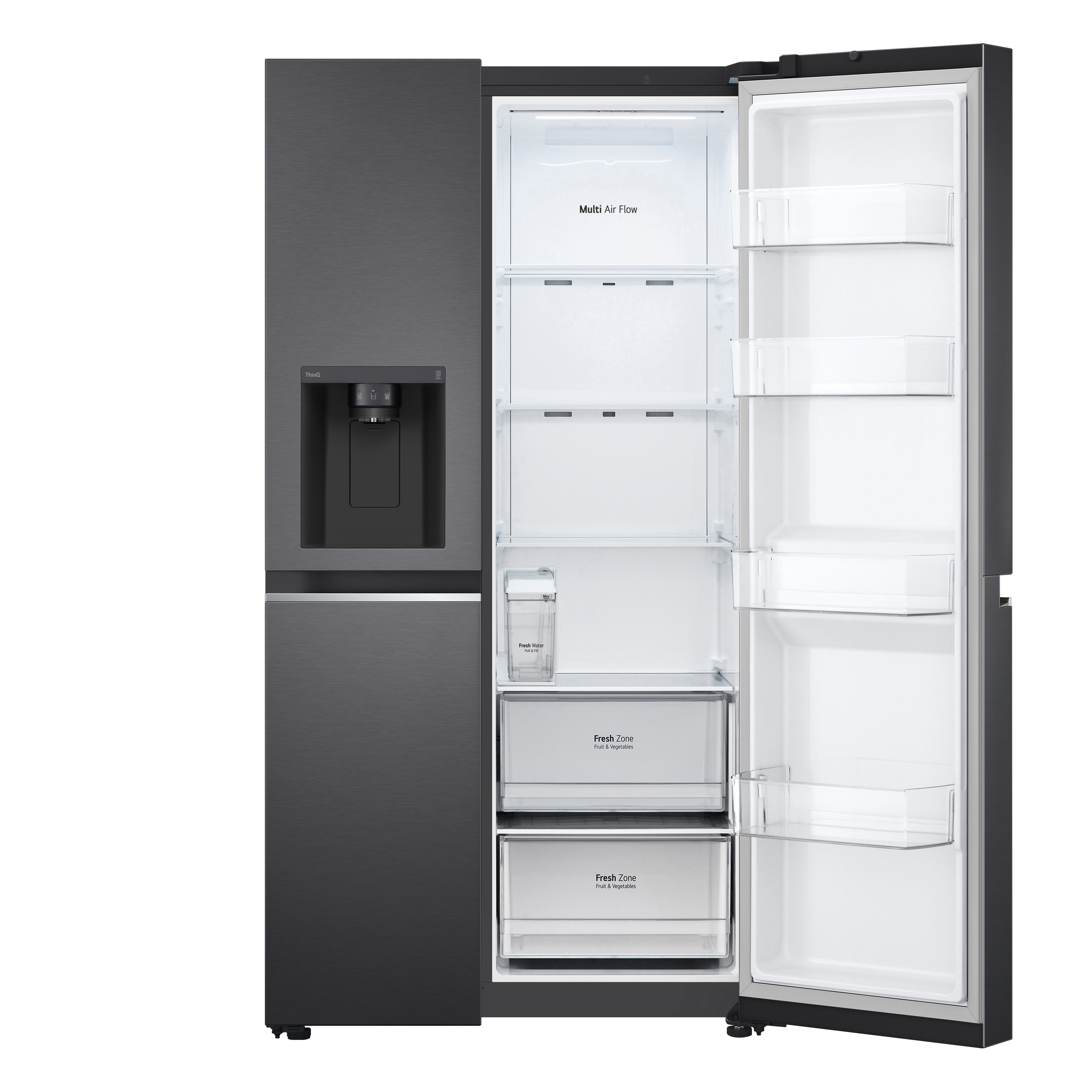 Schwarzer LG Side-by-Side-Kühlschrank mit geöffneten Türen, mit Regalen, Schubladen und Wasserspender.