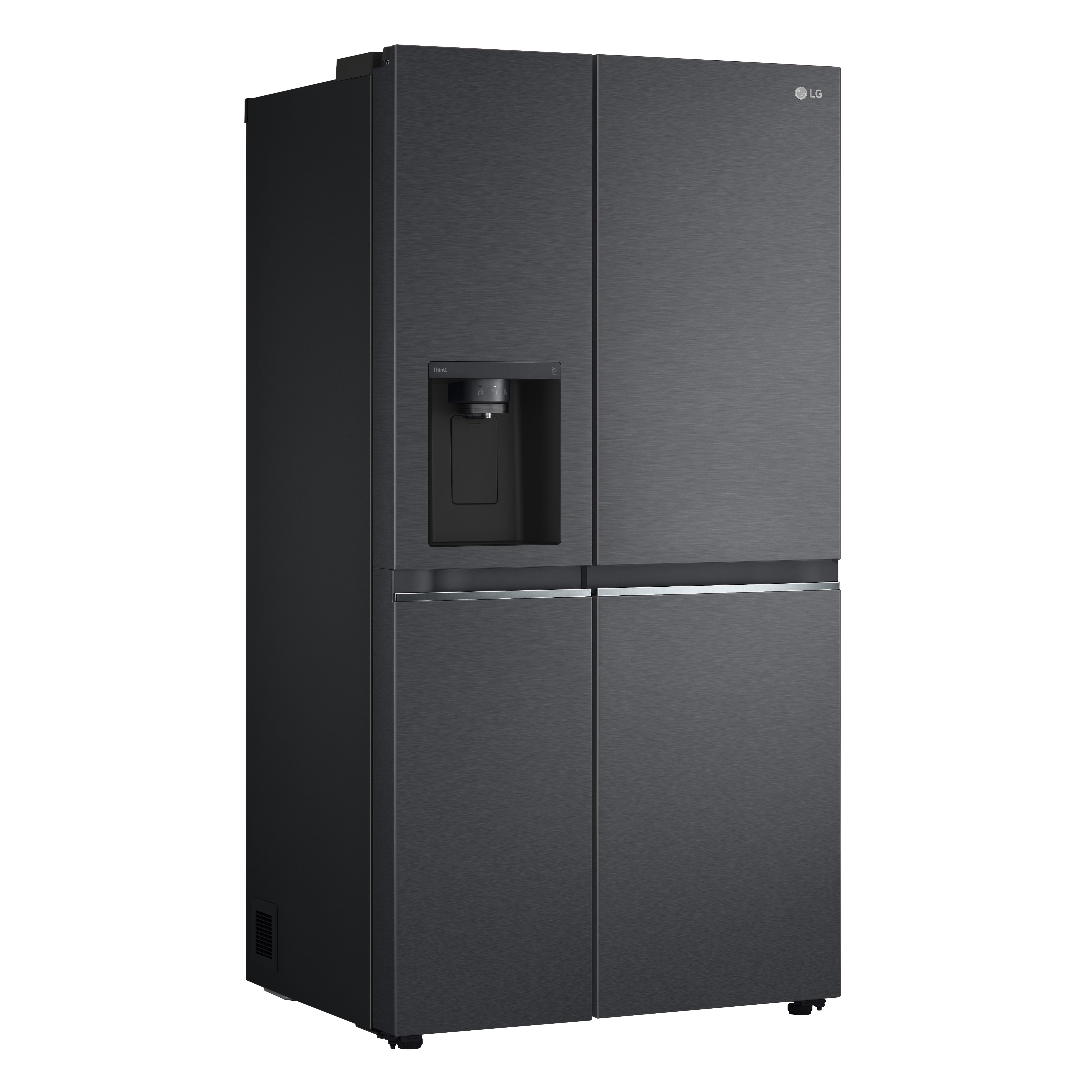Ein schwarzer LG-Kühlschrank mit vier Türen und einem Wasserspender.