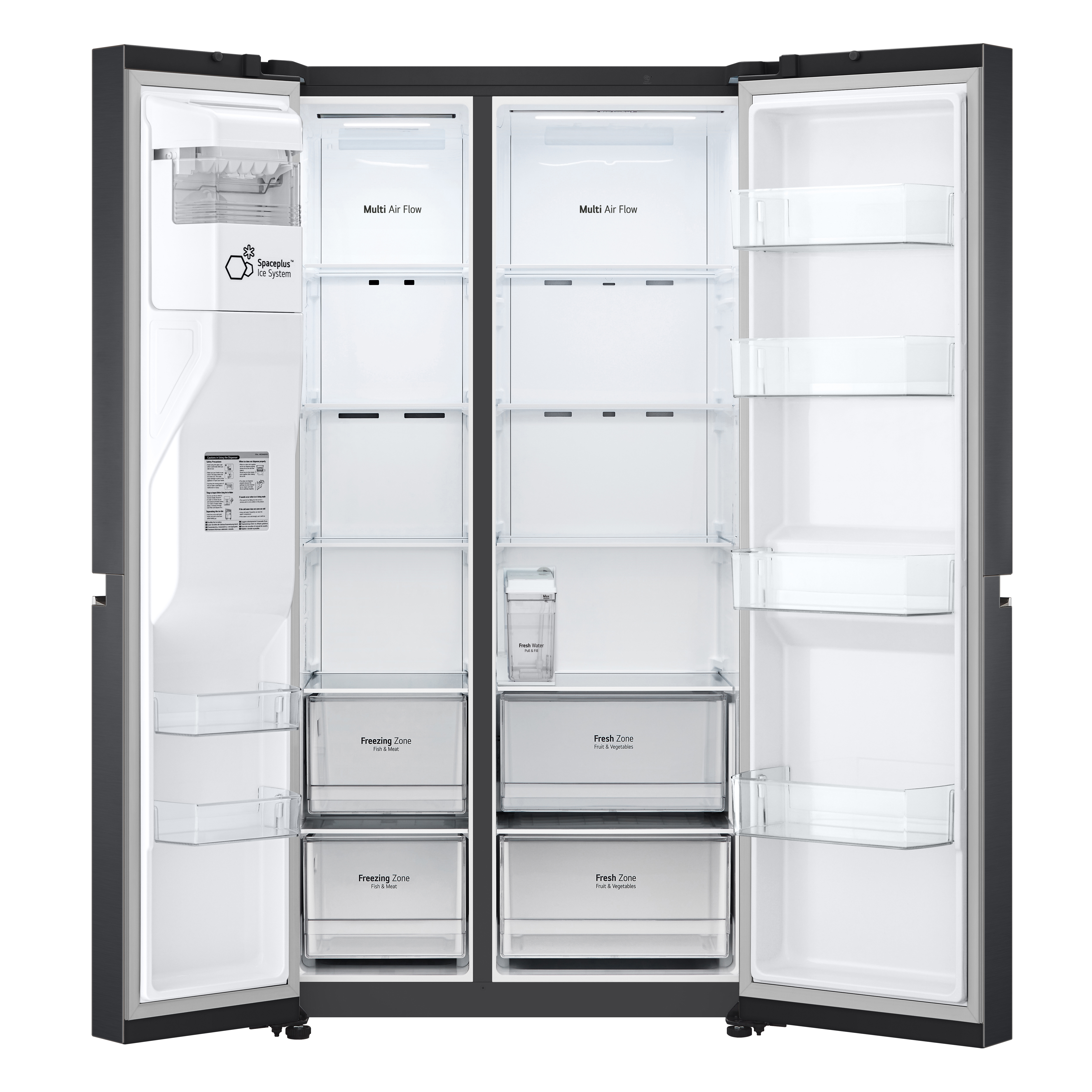 Offener schwarzer Kühlschrank mit Regalen, Schubladen und Wasserspender.