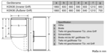 Diagramm eines Kühlschranks mit Maßen in mm.