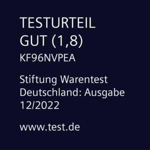 Testergebnis Grafik: 'GUT (1,8)' mit Text von Stiftung Warentest, Deutschland, Dezember 2022.